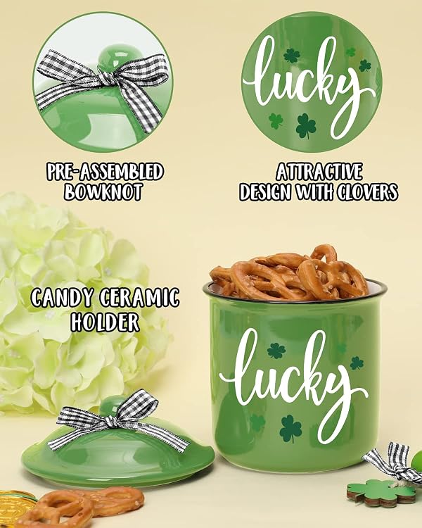 Nefelibata Irish/St. Patrick's Day Green Ceramic Canister Jar - St. Patrick's Day Decor - Lucky Shamrock Canister - Buffalo Plaid Bowknot - Candy Holder - Table Centerpiece - 4.9" H x 3.7" W by Nefelibata - Image 4