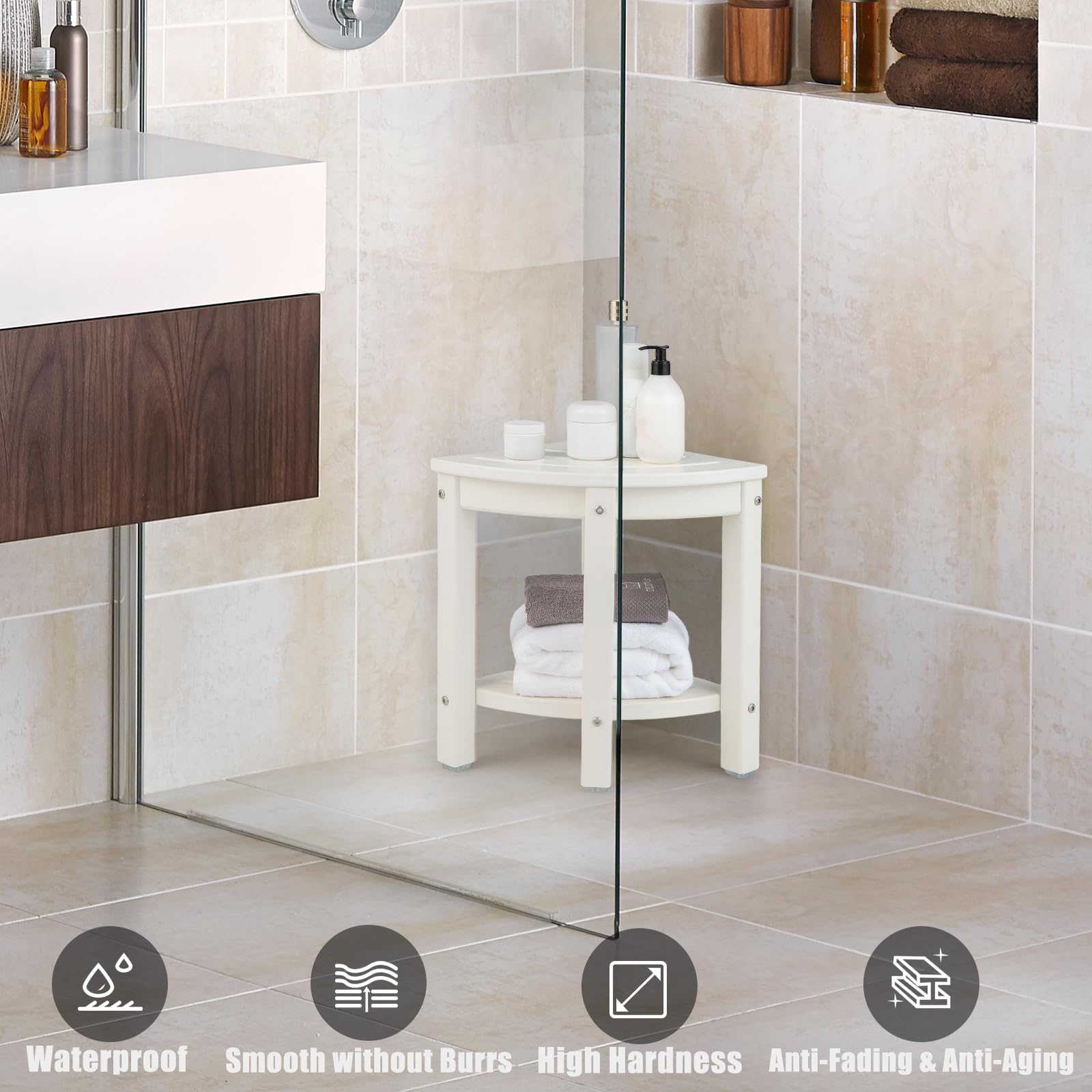 HOMASIS Taburete de baño Festoneado, Taburete de Ducha con 2 Estantes, Multiusos HDPE, Taburete Bajo y Ahorra Espacio, Impermeable y Antideslizante, Capacidad de Carga 150kg, 32.5 x 43.5cm (Blanco)
