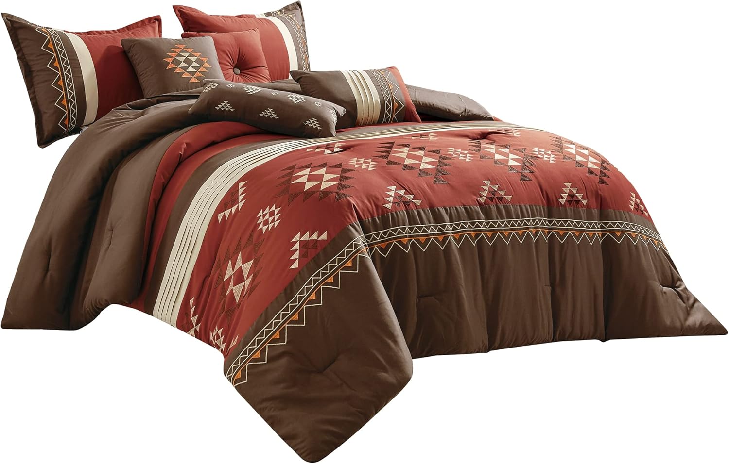 Chezmoi Collection 7-Piece King Comforter Set - Rustic Southwestern Native Aztec Brown Red Clay Coffee Cream Geometric Embroidered Lightweight Bedding Comforter and Pillow Cushions