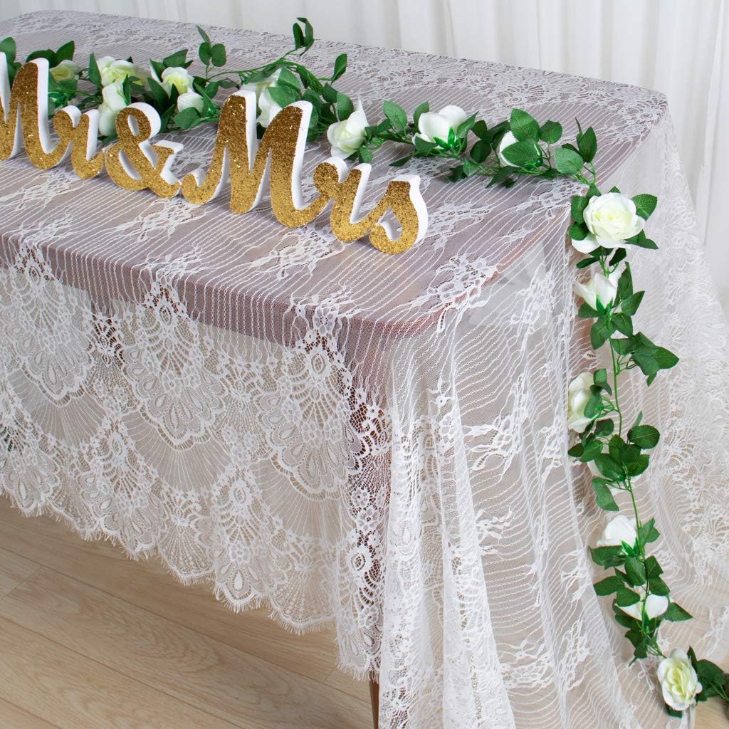 ShinyBeauty Lace-Tablecloth-Rectangular White 5Pack 60X120 Inches Vintage Eyelash Lace Fabric Tablecloth Shabby Chic Linen Table Cover Overlay Used for Wedding Holiday Party Baby Shower Decor