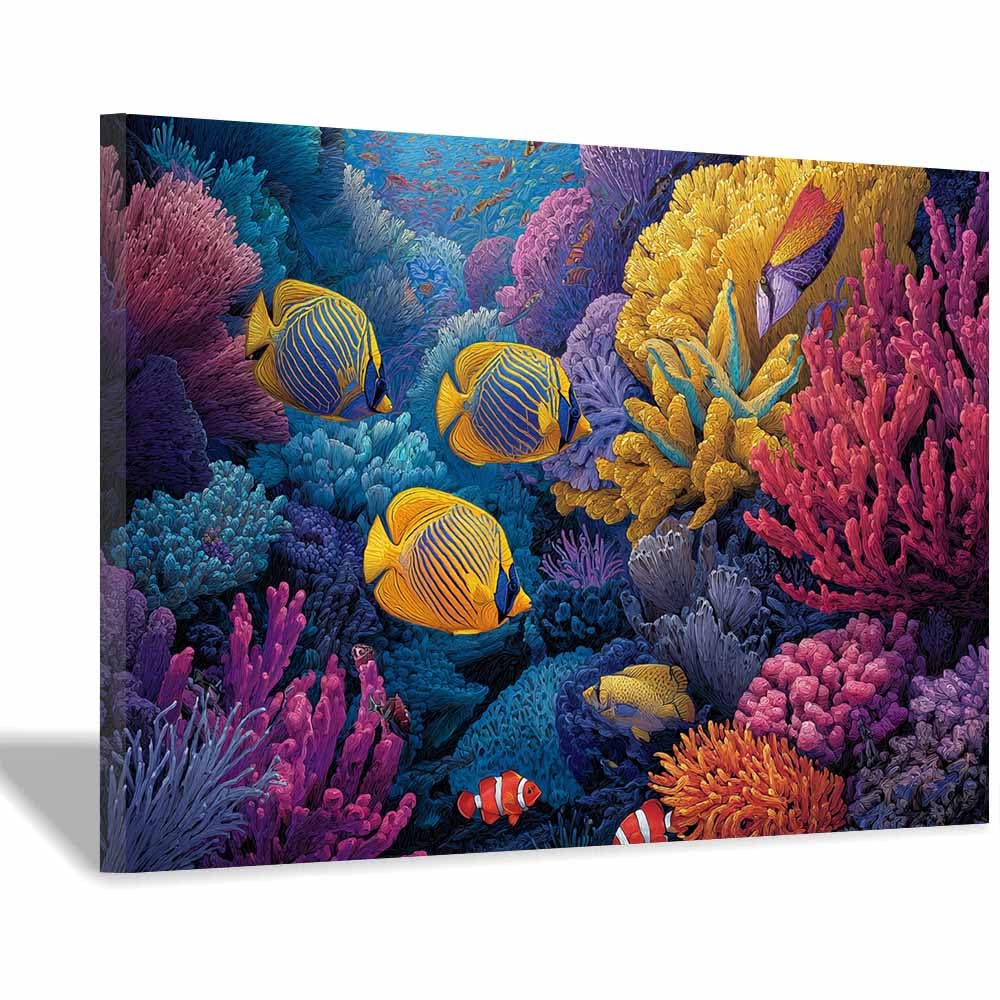 HOQIU Canvas Wall Art Vibrants Corals Reef Fish canvas art, art print, house decor, bedroom wall decor above bed, prints for living room.(Multicolor)-70x100cm Framed