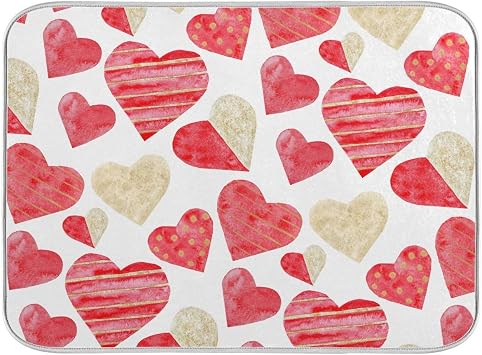 Red Gold Watercolor Hearts Love Dish Drying Mat 16x18 for Kitchen Valentines Day Love Flowers Dishes Pad Dish Drainer Rack Mats Absorbent Fast Dry Kitchen Accessories