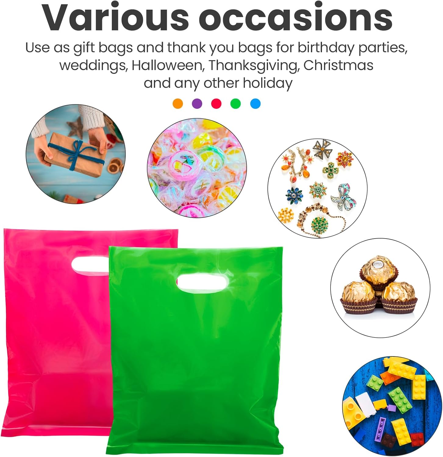 Harloon 400 Pcs Plastic Shopping Bags Bulk 12 x 15 Inch Large Retail Bag with Die Cut Handle Merchandise Bags for Small Business Store Retail Goodies Gifts Party Favors(Purple, Pink, Blue, Green)