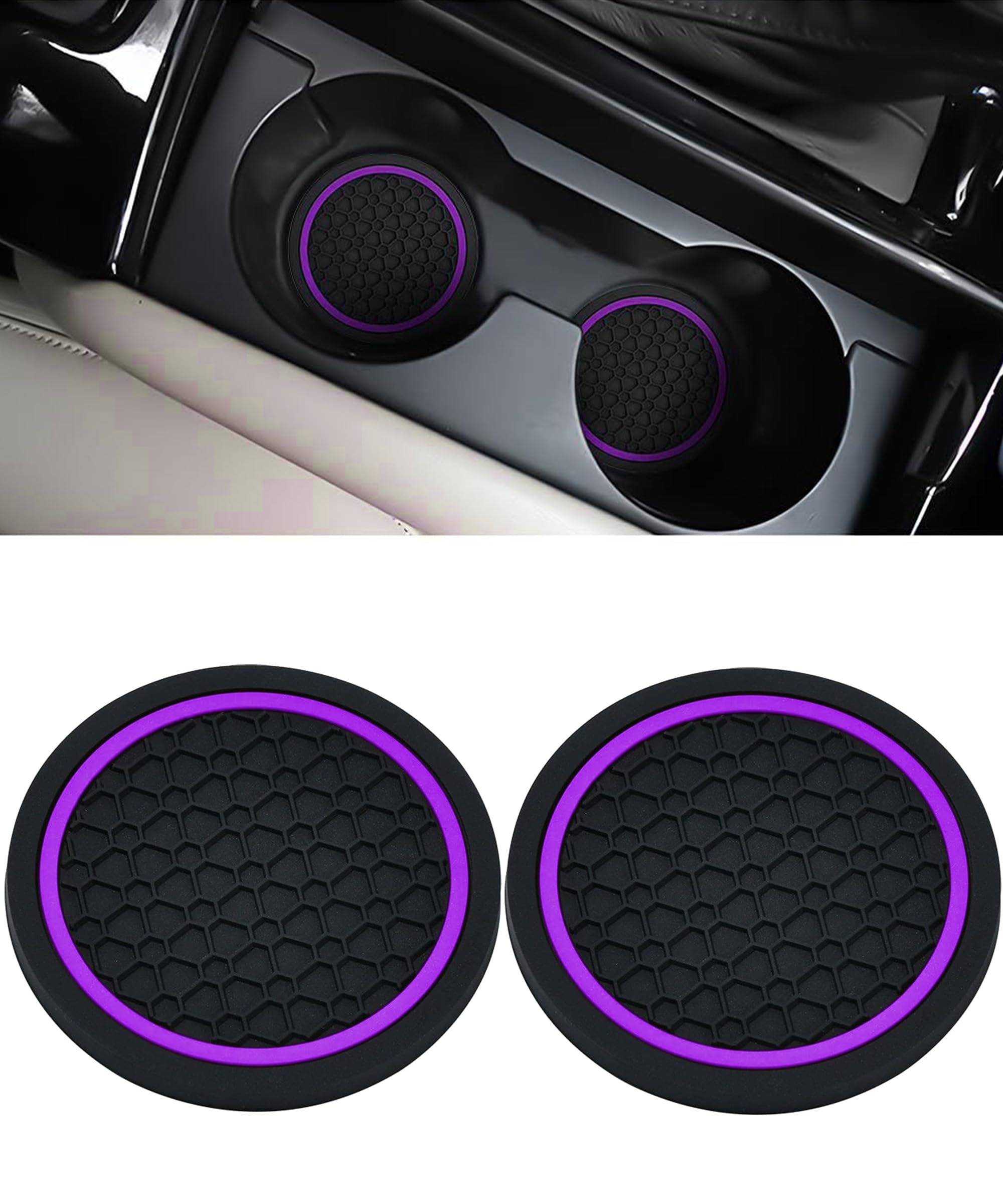 Xibao 2PCS Auto Untersetzer Getränkehalter,Anti Rutsch Auto Tassenhalter,Durchmesser PVC Verdicken Schwarz Autos Untersetzer,Geeignet für die Meisten Autos,SUVs und Anderen Modellen (Schwarz&Lila)