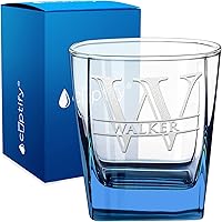 Cuptify Personalized 12oz Whiskey Glass with Blue Bottom Etched Monogram Name - Custom Old Fashioned Rocks Bourbon Glass Gift for Men