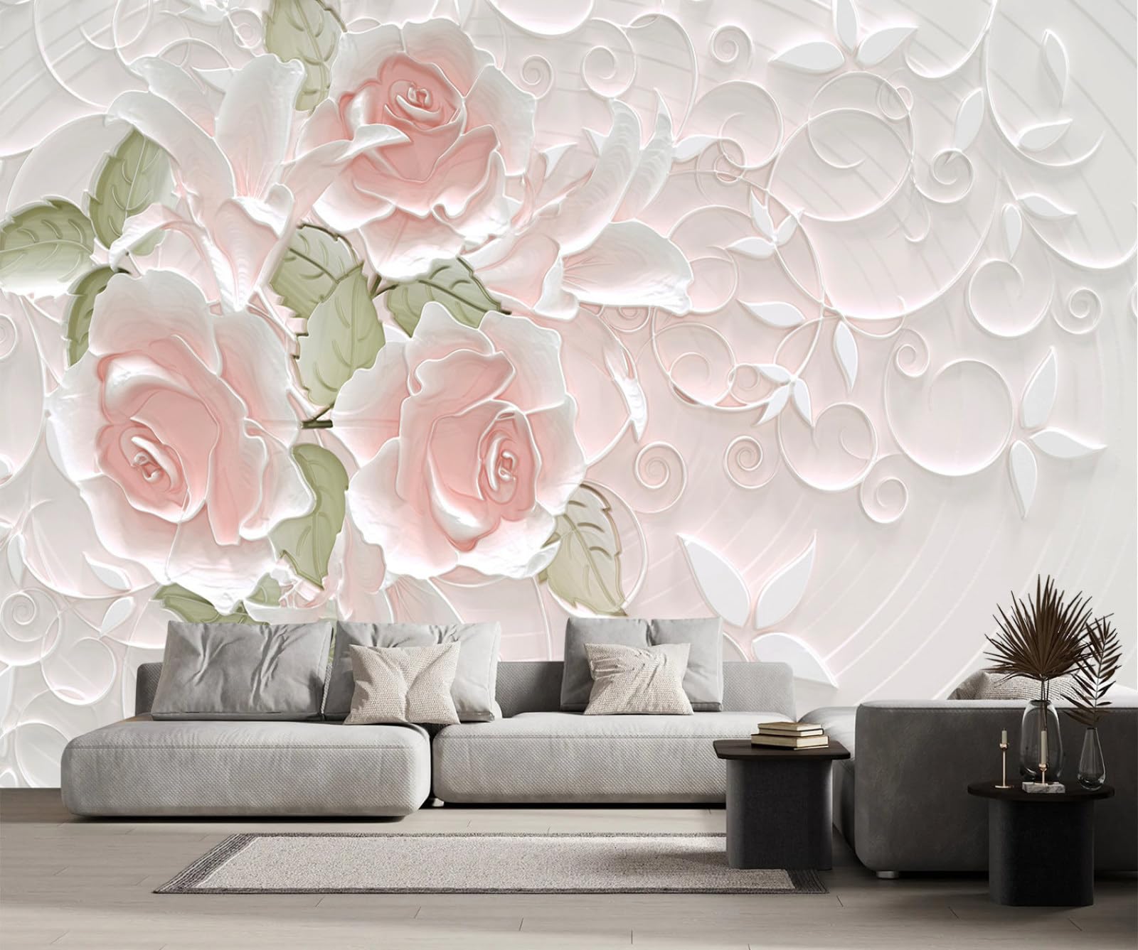 Papier peint panoramique effet de relief masquez les défauts du mur salon floral rose