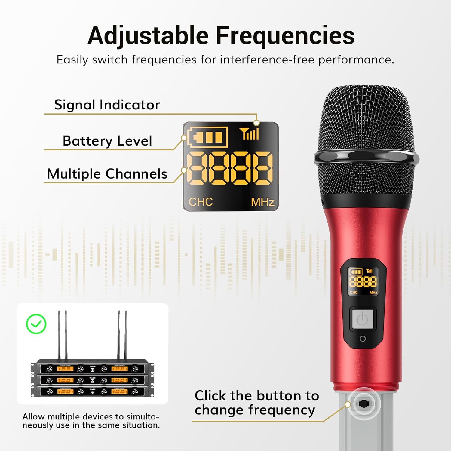 TONOR Wireless Microphones System, 4*10 Channel Metal Professional UHF Cordless Dynamic Handheld Mics with Receiver for Home Karaoke, Meeting, Party, Church, Wedding,KTV, 90 m/295ft, TW-840 Silver&Red - Image 5