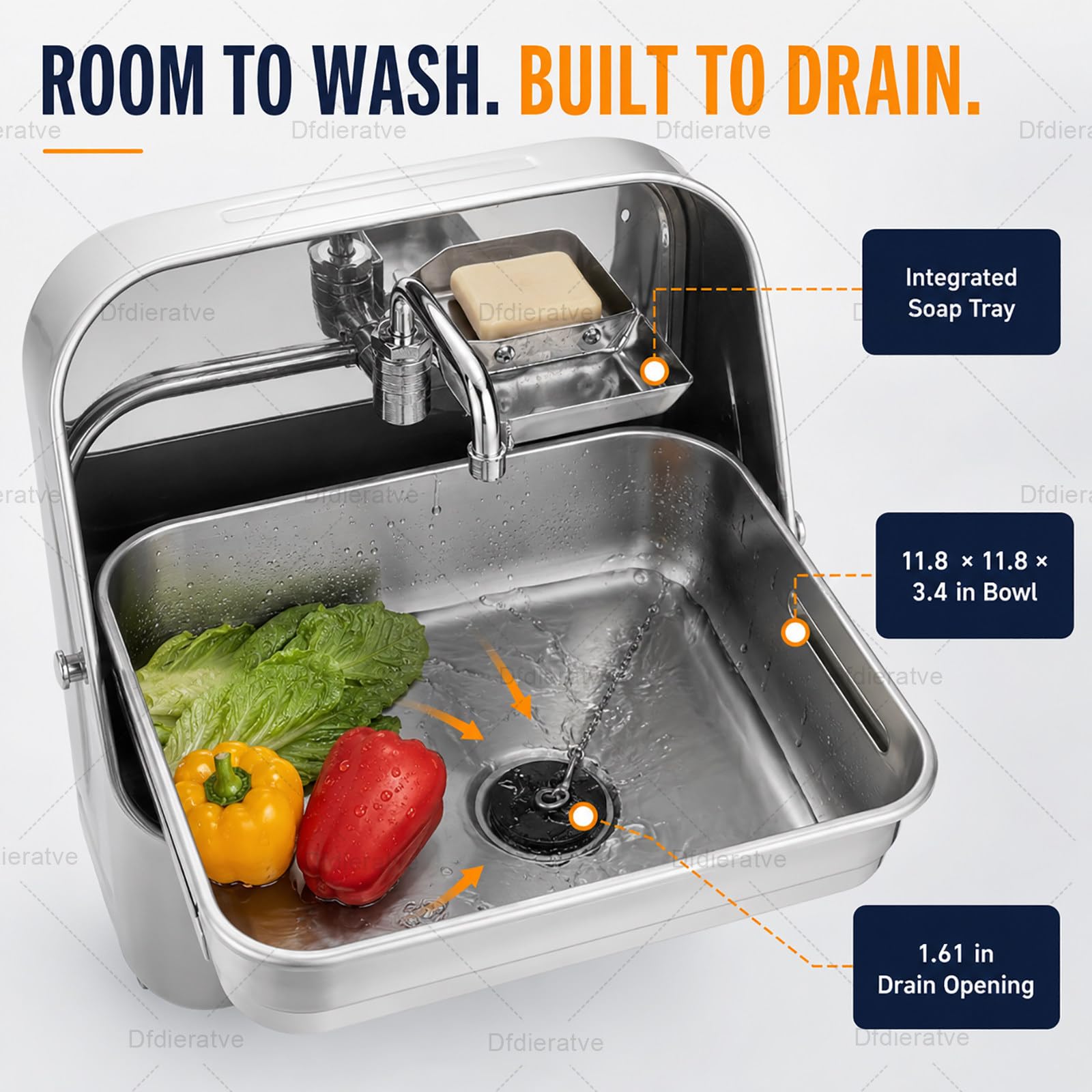Lavello Pieghevole da Parete per Camper, Caravan e Barca, Lavandino Salvaspazio in Acciaio Inox 304 con Porta Sapone, Rubinetto Acqua Fredda e Grande Vasca 30x30cm