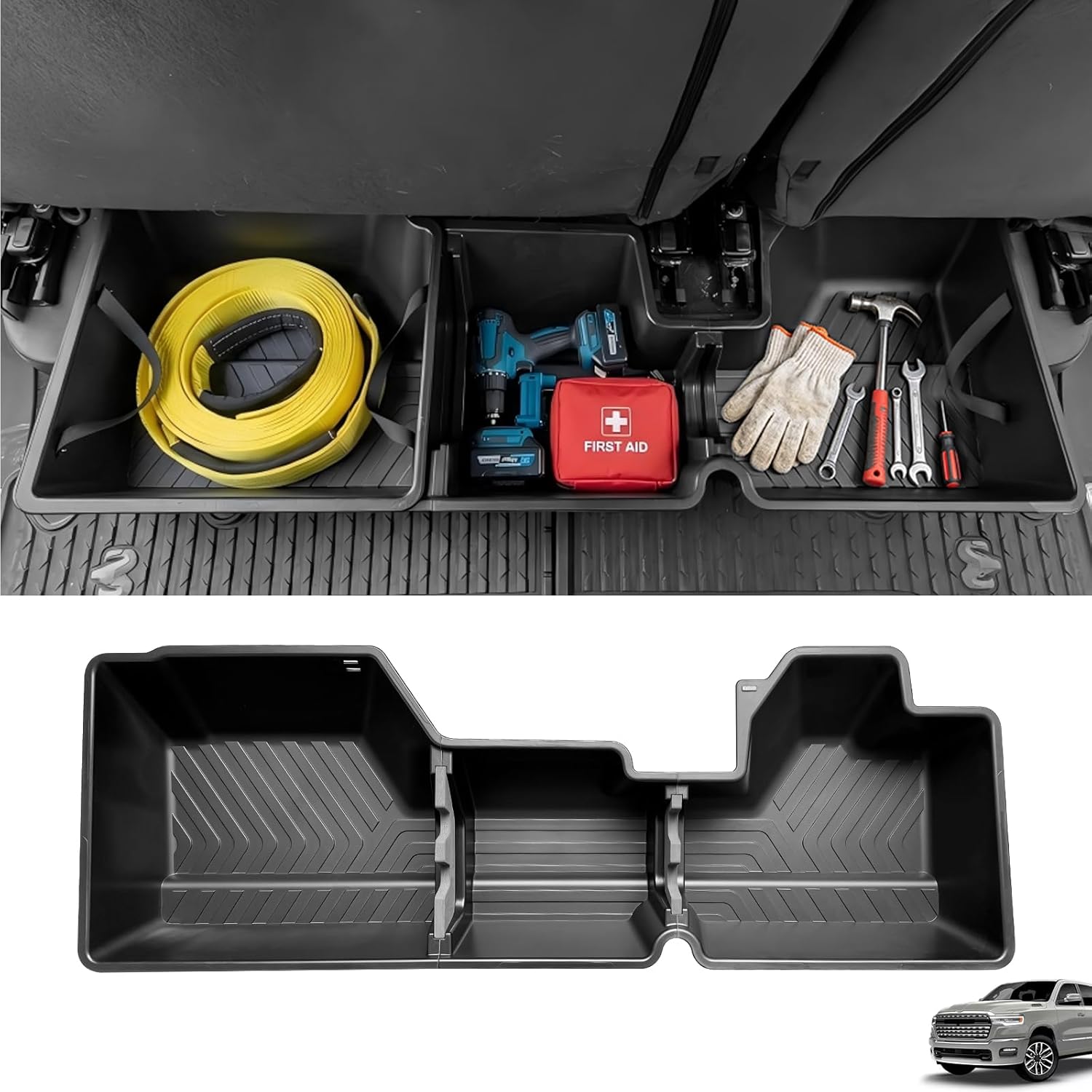 Under Seat Storage Box for Ram 1500 2019-2026 Crew Cab, Rear Underseat Organizer Compatible with Dodge Ram Without Factory Storage Tray, Hidden Truck Tool Storage Bin Accessories