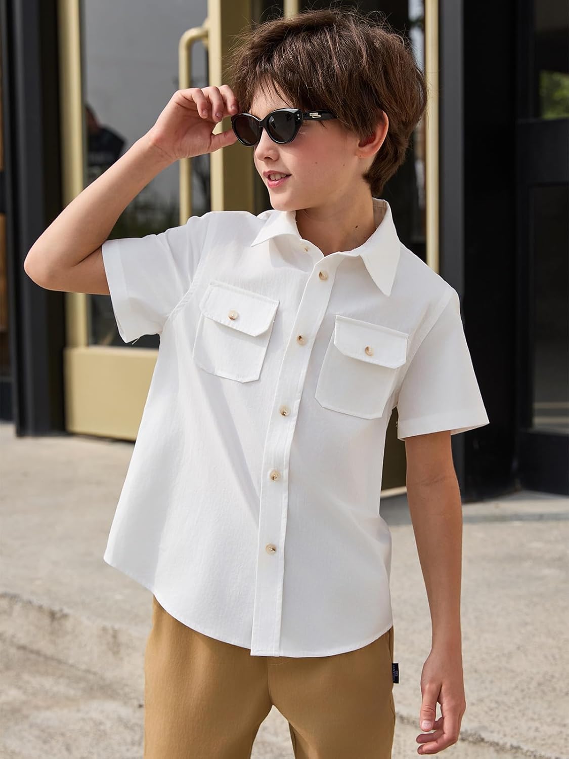 Haloumoning Boys Short Sleeve Button Down Shirt Kids School Uniform Dress Shirts with Chest Pockets 5-14 Years - Image 3