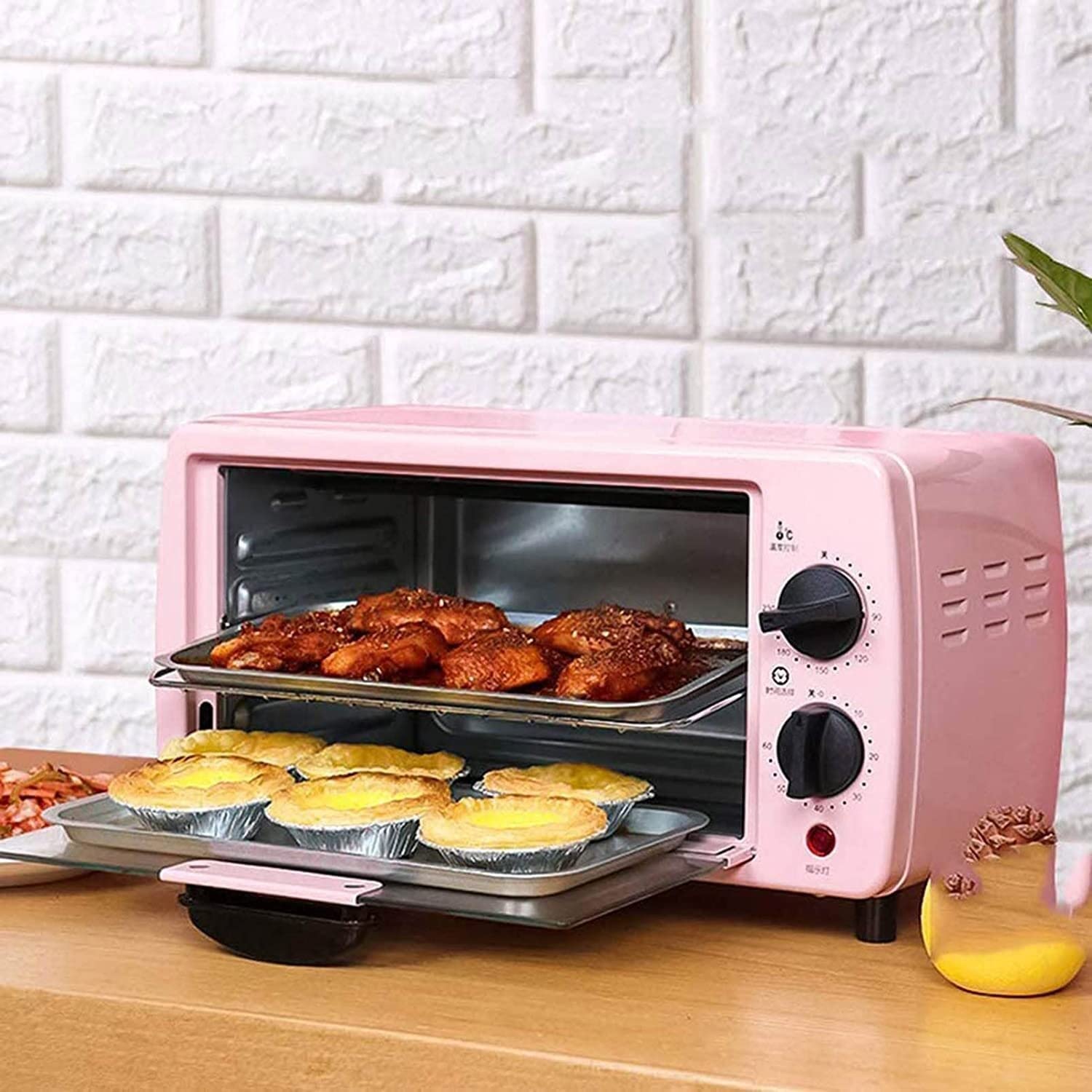 Małe skrzynki， 9L Duża pojemność Inteligentna kontrola czasu i temperatury Kompaktowy mini piekarnik elektryczny 750 W Zawiera blachę do pieczenia ruszt grillowania(Pink)