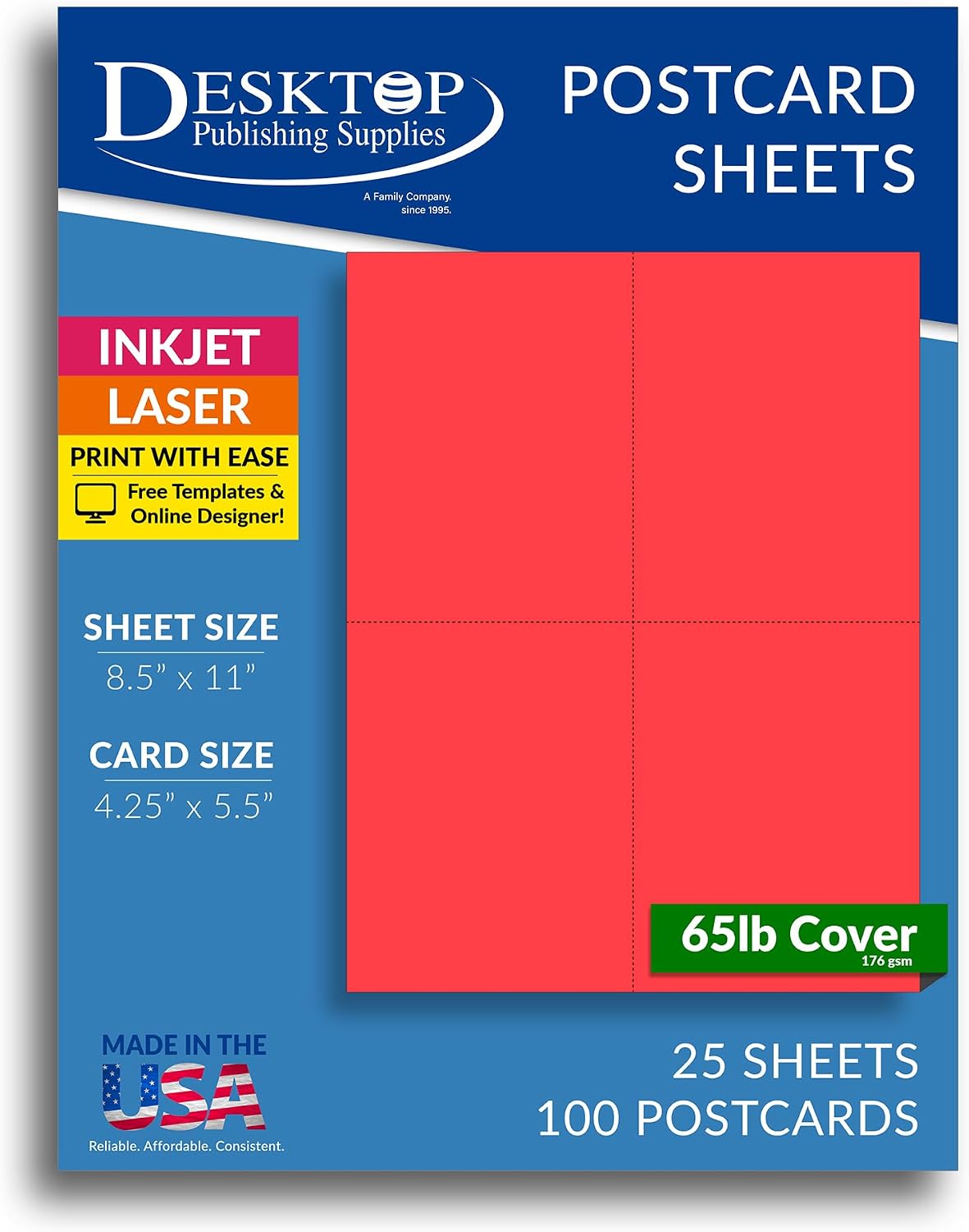 Blank Colored Printable Postcard Paper 100 Bright Red Postcards, Perforated 4-Up 4.25" x 5.5" 65lb Cover (176gsm) Matte Cardstock for Laser/Inkjet Printers, USPS Approved Blank Postcards for Mailing