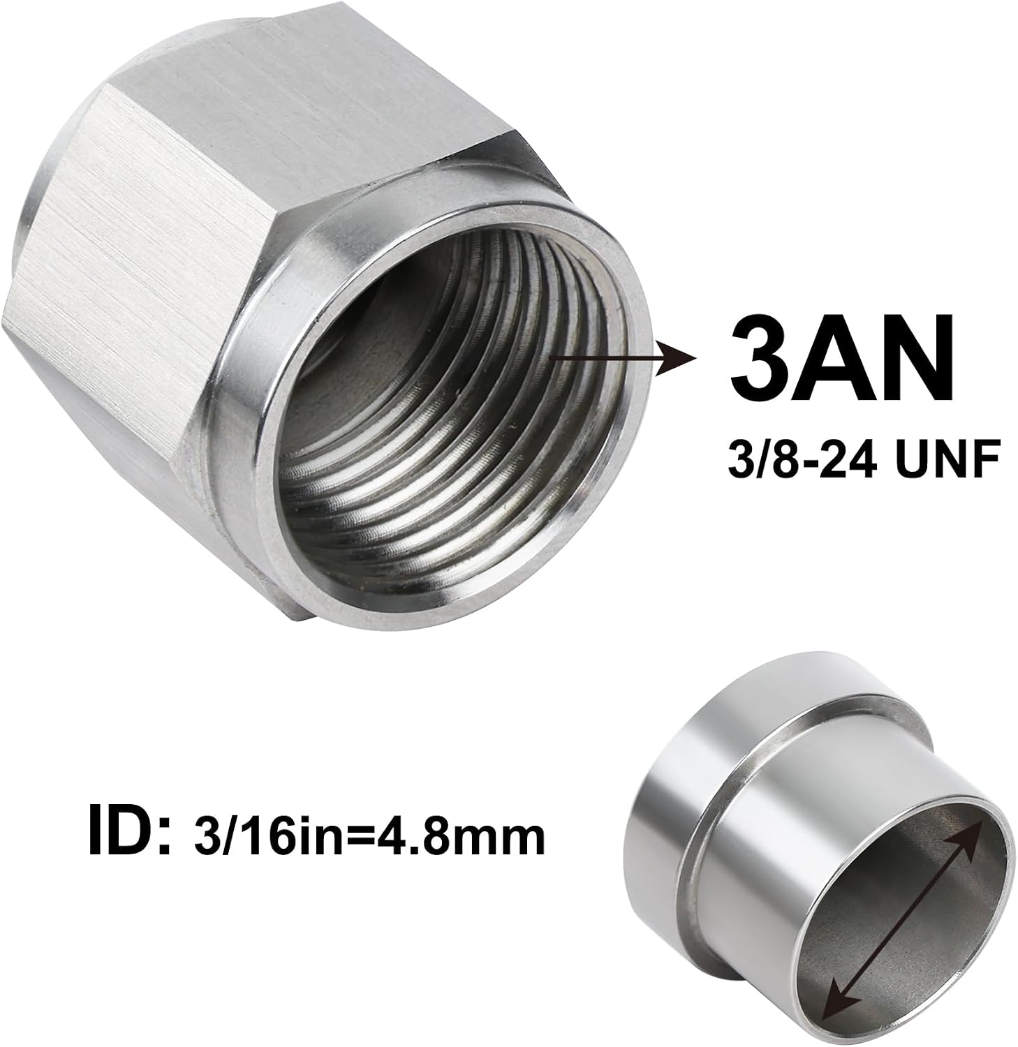 EVIL ENERGY 3AN Female Hardline Tube Nut and Sleeve Fitting Stainless Steel for 3/16" OD Alloy Tubing 2PCS