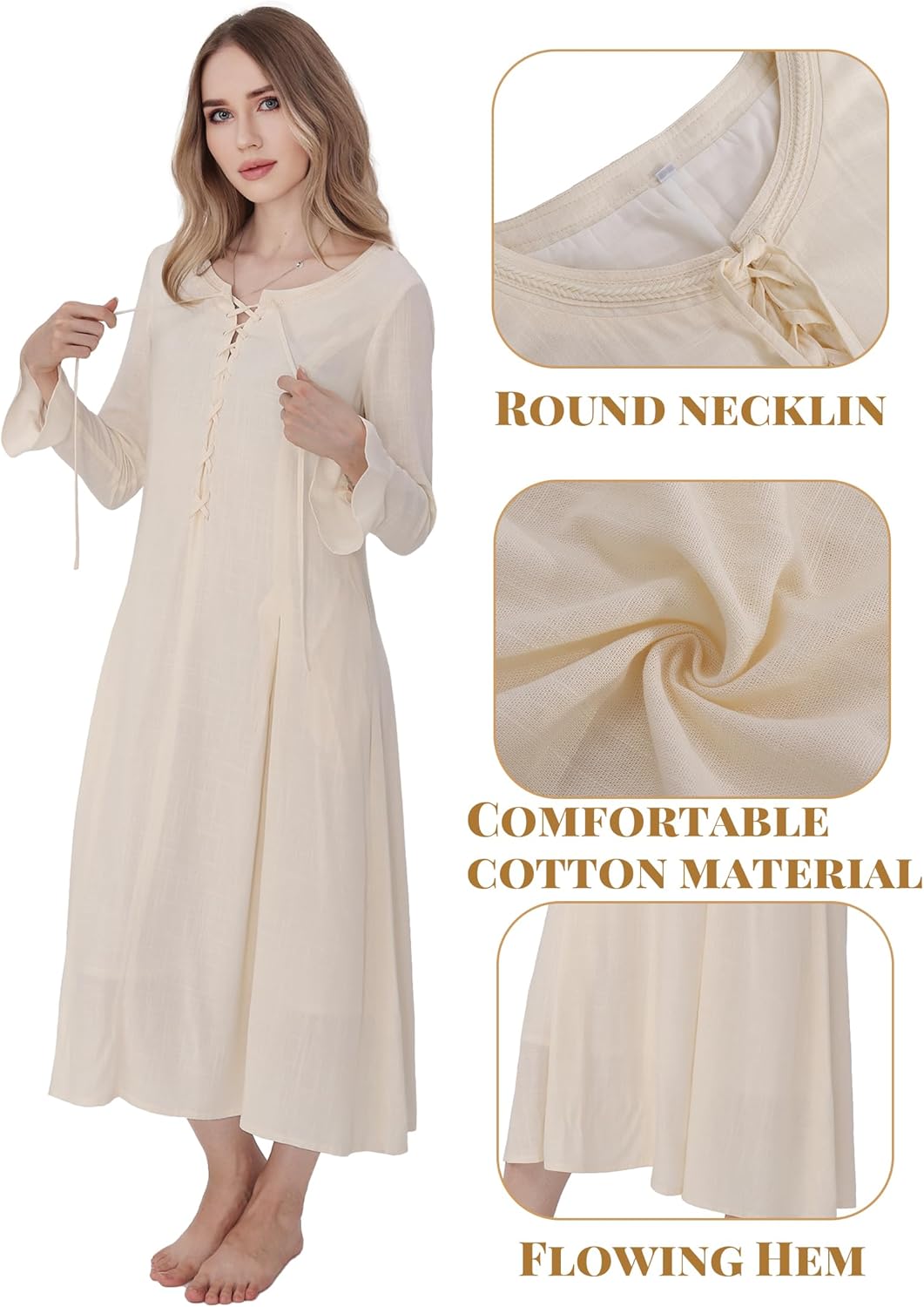 PROCOS Medieval Dress Women's Tunic Underdress Embroidery Vintage Beige Skirt Peasant Cosplay Costumes