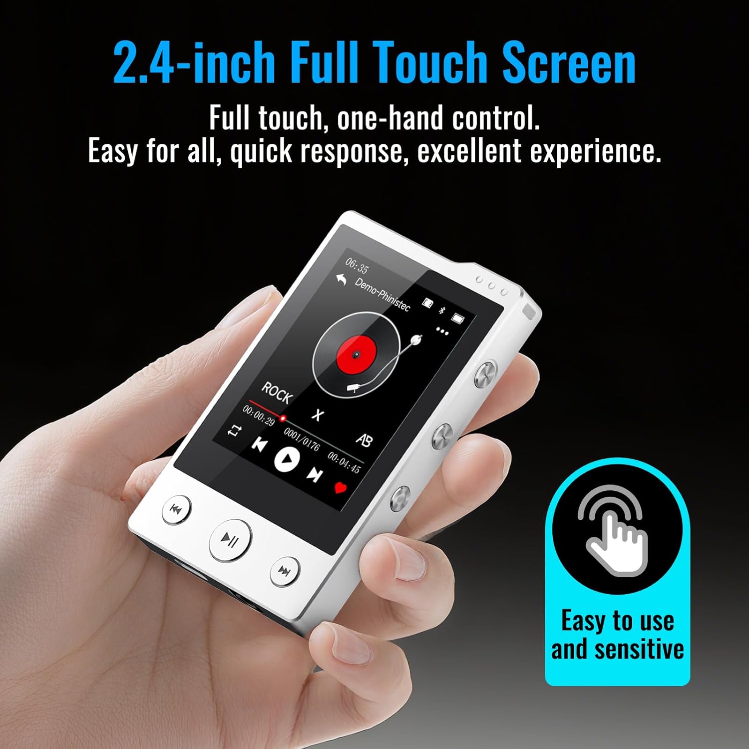 64GB MP3 Player with Sturdy Build & Durable,Aluminum Alloy,Phinistec Portable Mini Bluetooth Music Player with FM Radios,50 Hours Long Battery Life,2.4" Touchscreen,Up to 256GB