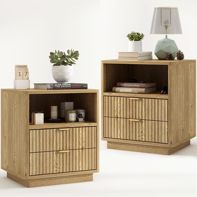 Fluted Nightstands Set of 2, Brown Night Stands with 2 Drawers and Open Shelves, Wooden Bedside Table Modern Design End Table for Bedroom Sofa Office (2, Natural Oak)
