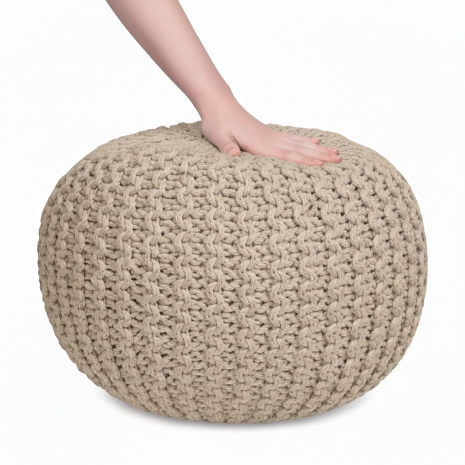Sapphire Collection Handmade Chunky Knitted Pouffe Footstool – Large Round Ottoman in 100% Cotton for Living Room, Foot Rest & Occasional Seating (Tan) — image 1
