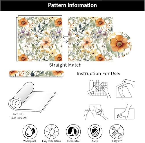 Miniatura 5 de Guvana Papel tapiz floral de 78.7 x 16.14 pulgadas, color amarillonaranja, papel de contacto floral bohemio, papel de contacto extraíble, para