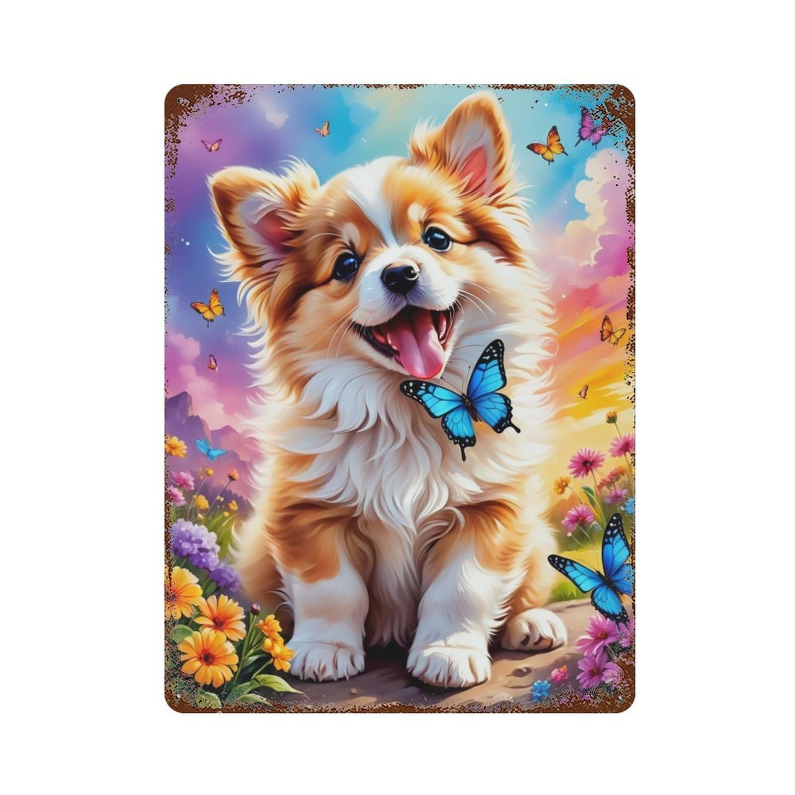 Floral Paradise with Cute Puppy Rustic Tin Plaque 15.7"x11.8", Rustic Home Decor for Office, Studio And Wall Decor