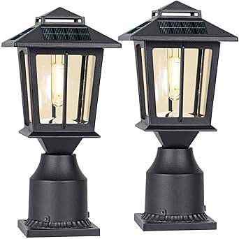 Metal Solar Post Lights Outdoor, Waterproof Fence Post Solar Lights, Wood Vinyl 4X4 Solar Post Cap Lights, LED Illuminated Deck Post Lights Decorations for Garden Yard Patio Porch, Warm White(2 Pack)