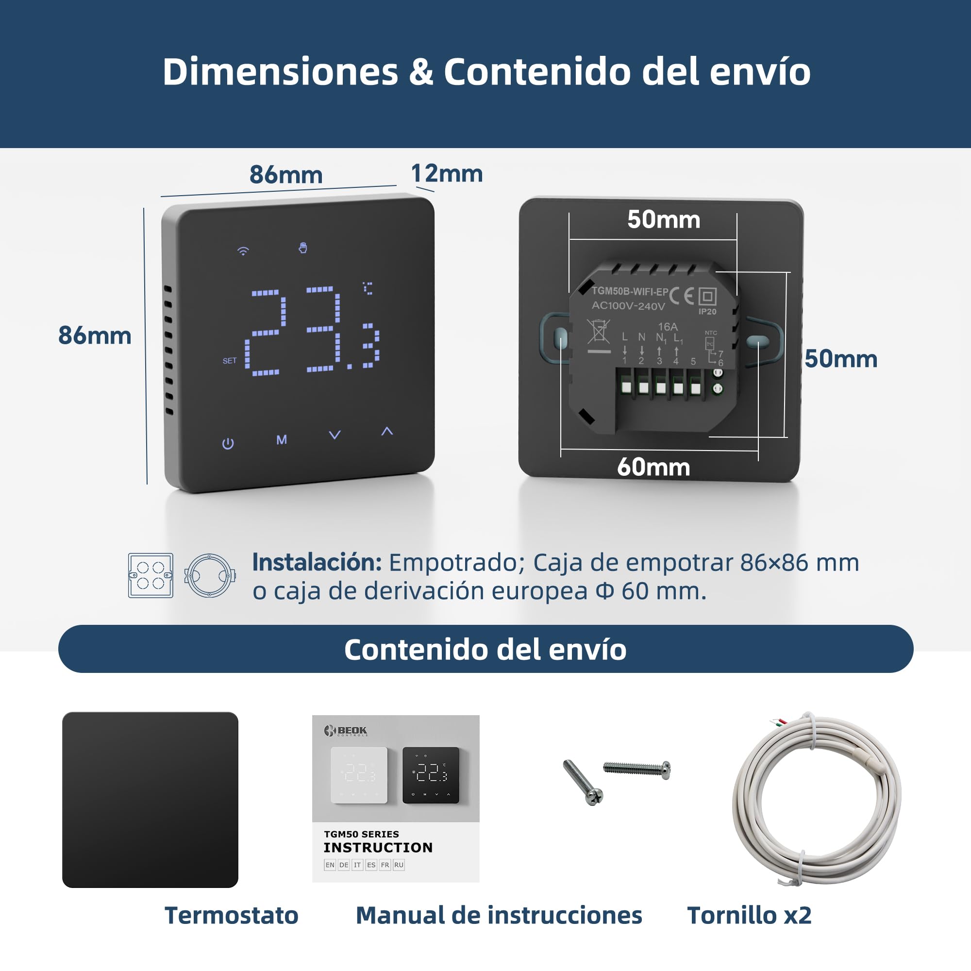 Beok Termostato eléctrico para calefacción por Suelo Radiante WiFi Termostato de calefacción programable por días con Sensor, Compatible con Tuya Alexa