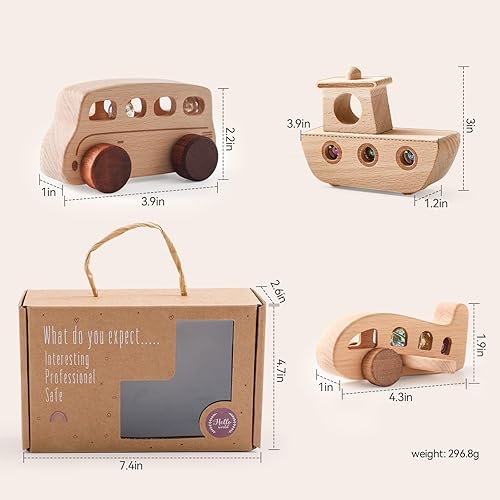 Miniatura 9 de WOODEN TEETHER 3 autos de madera para niños pequeños de 1 a 3 años, juguetes de coche para bebés, juguetes de madera para bebés, incluyen automóvil,
