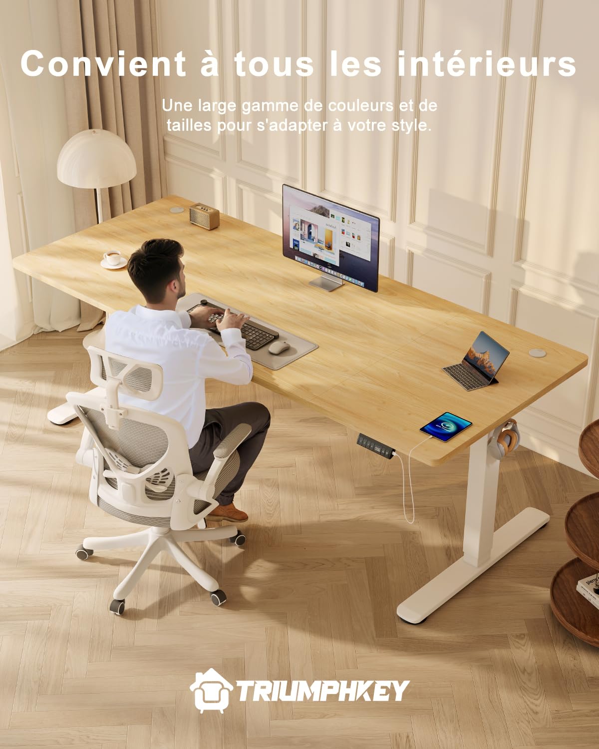 TRIUMPHKEY Bureau Réglable en Hauteur 160x80 cm, avec Rappel de Sédentarité et 3 Mémoires, Port USB-A, Système Anti-Collision, Bureau de Télétravail, Beige