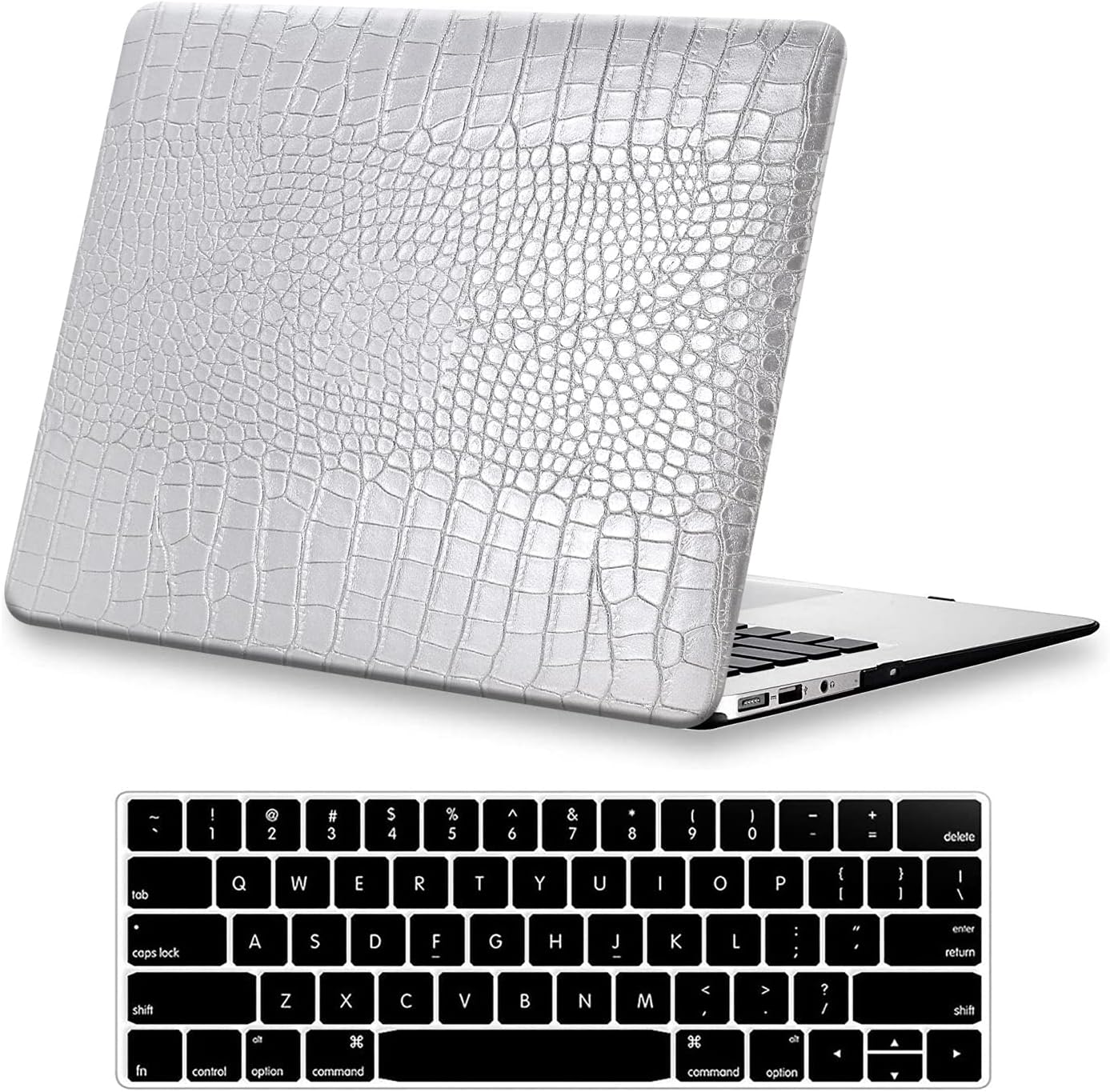 for MacBook Pro 13 inch Case 2025-2016 M2 M1 A2338 A2289 A2251 A2159 A1989 A1706 A1708, Crocodile Skin Alligator PU Leather Hard Shell Cover for Mac Pro 13 Case+Keyboard Cover, Shining Silver