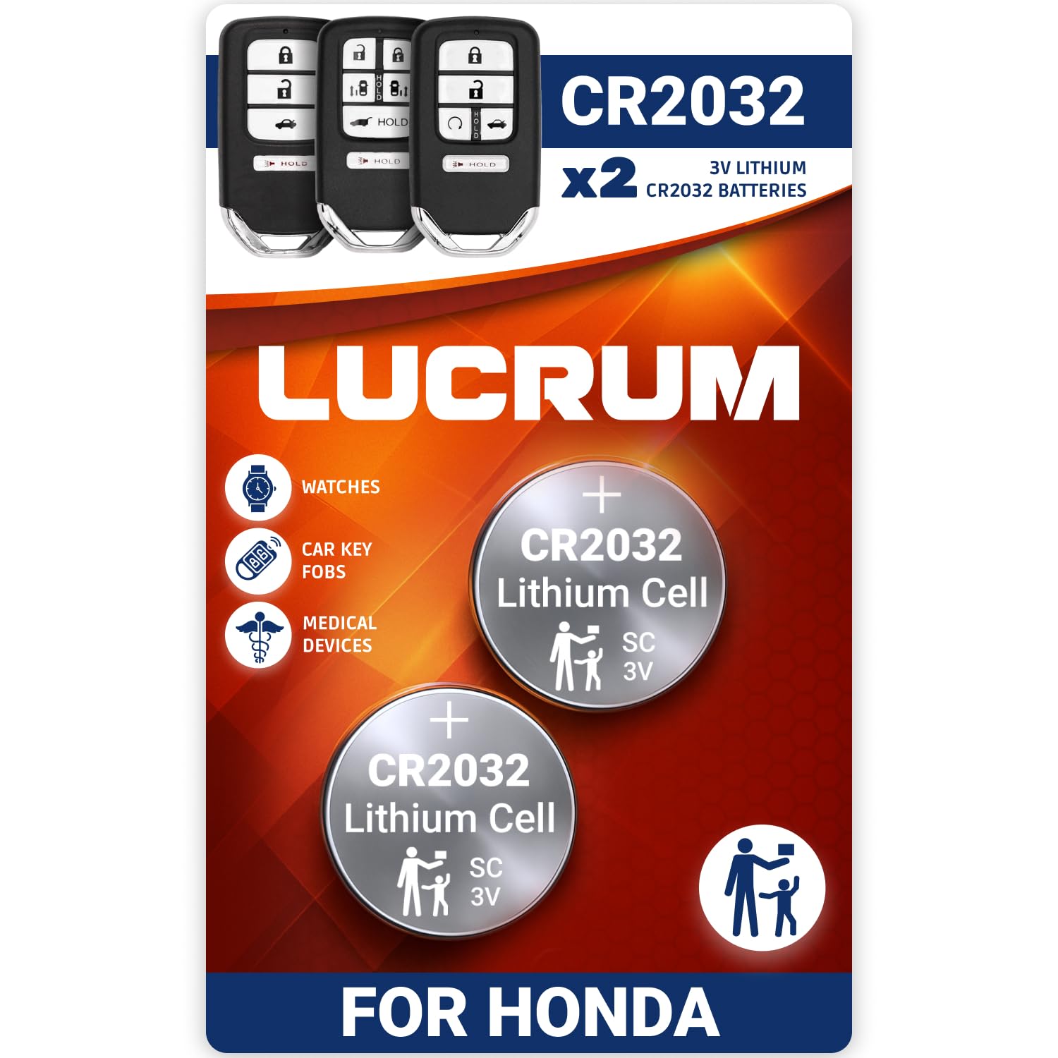 Lucrum - Batería de repuesto para Honda (2013-2025) Accord, Civic, CRV, Clarity, Odyssey, Pilot - 2 pilas CR2032 para llave remota CR2023