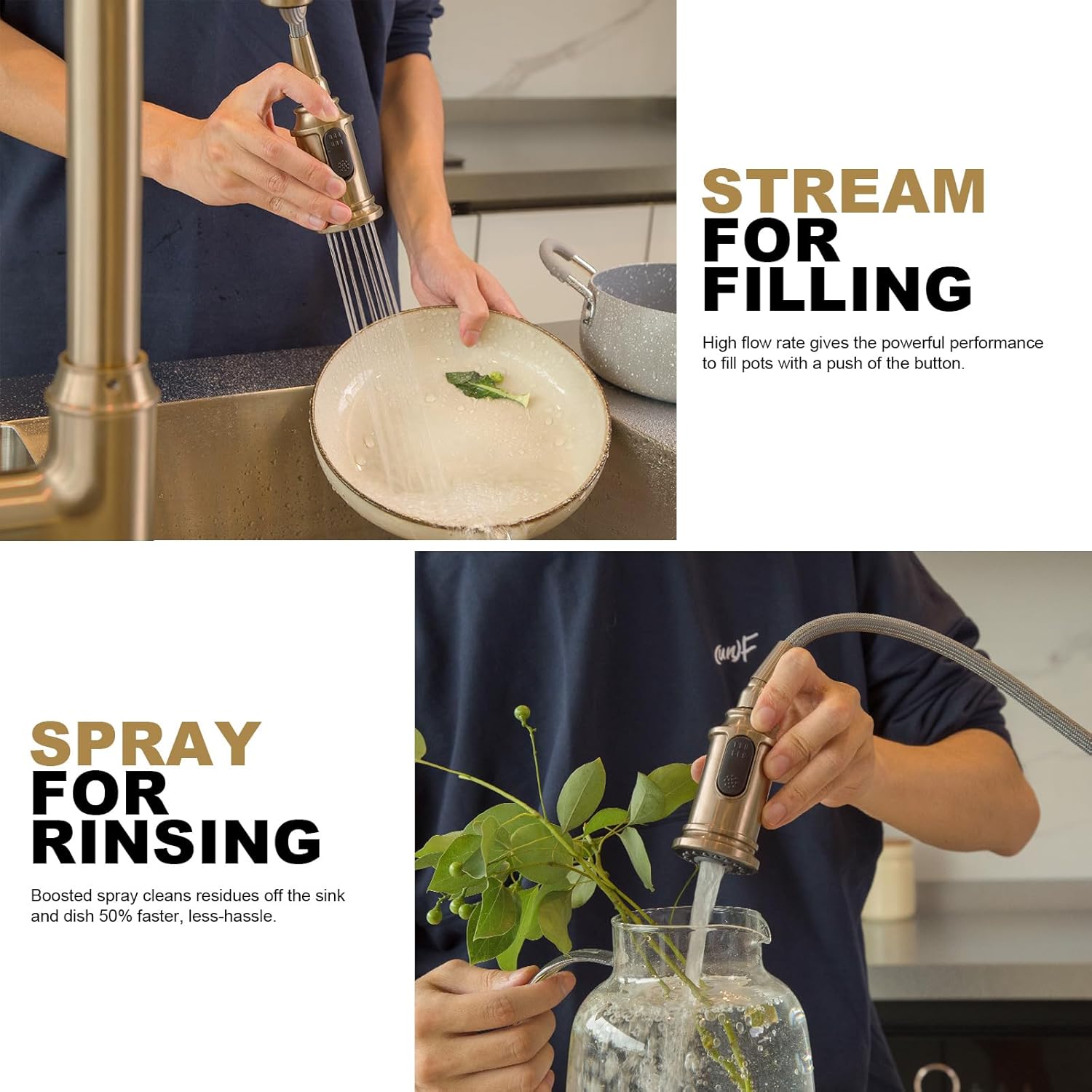 Lava Odoro Champagne Gold Kitchen Faucet with Pull Down Sprayer, Single Handle Kitchen Sink Faucet, Gold Faucet for Kitchen Sink 1 Hole and 3 Hole, Deck Plate Included, KF421-CB - Image 3