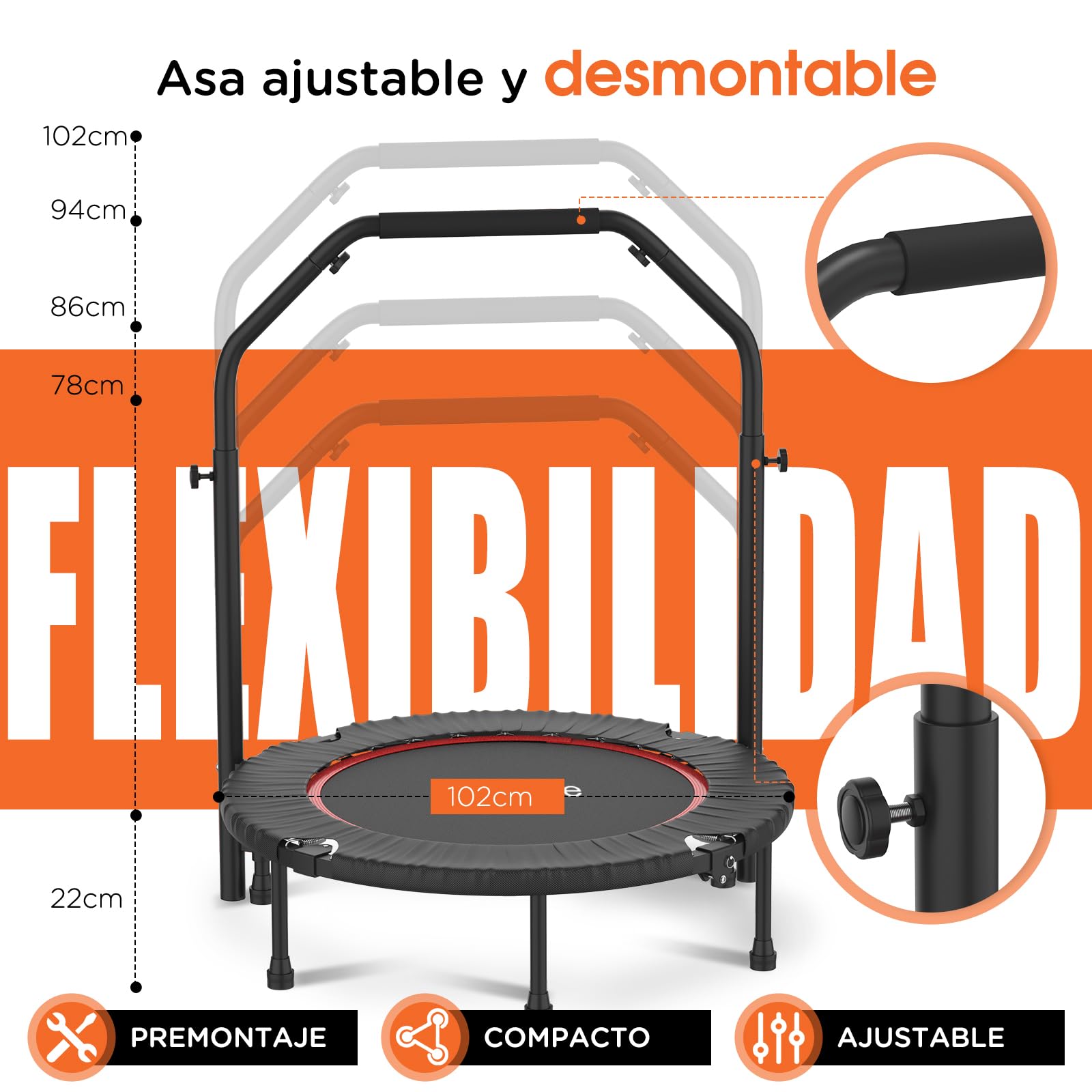 DH FitLife Trampolín de Fitness Plegable para Interior sin Instalación | Ø102 cm (40 Pulgadas) | Capacidad 150 kg | 4 Niveles de Asa Ajustable | Estable para Niños y Adultos