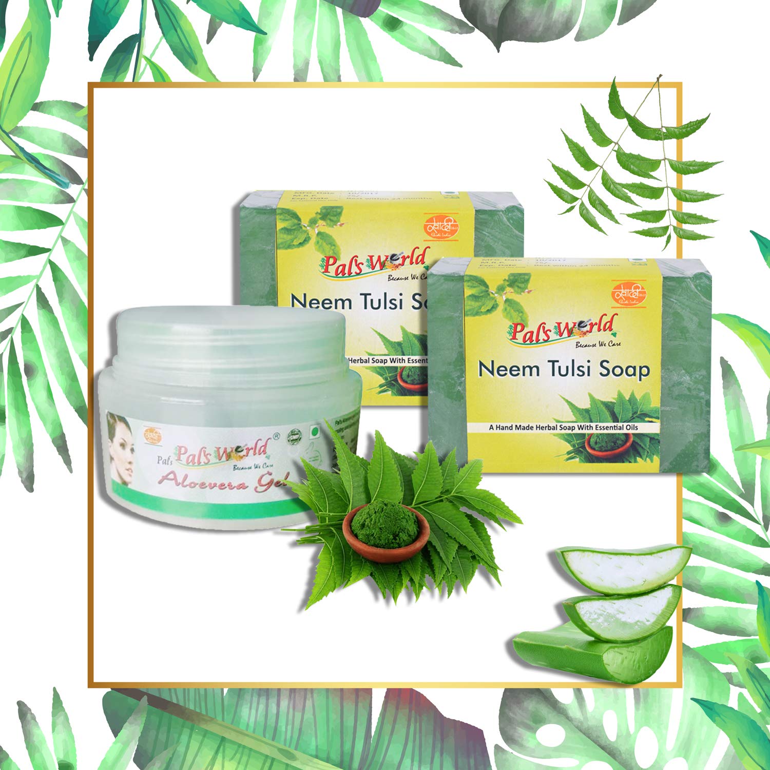 Pal's World Sun Burning Combo / 1 Alovera Gel and 2 Neem Tulsi Soap