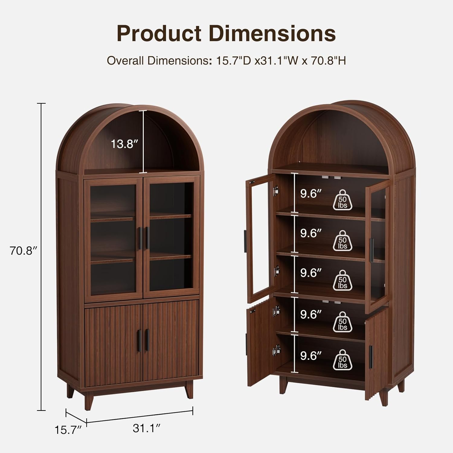 Kitchen Pantry Cabinet with Glass Doors - Arched Design, Solid Wood Legs, Artistic Fluted Door, Adjustable Shelves, 70.8" Curved Storage Cabinet for Kitchen, Dining Room