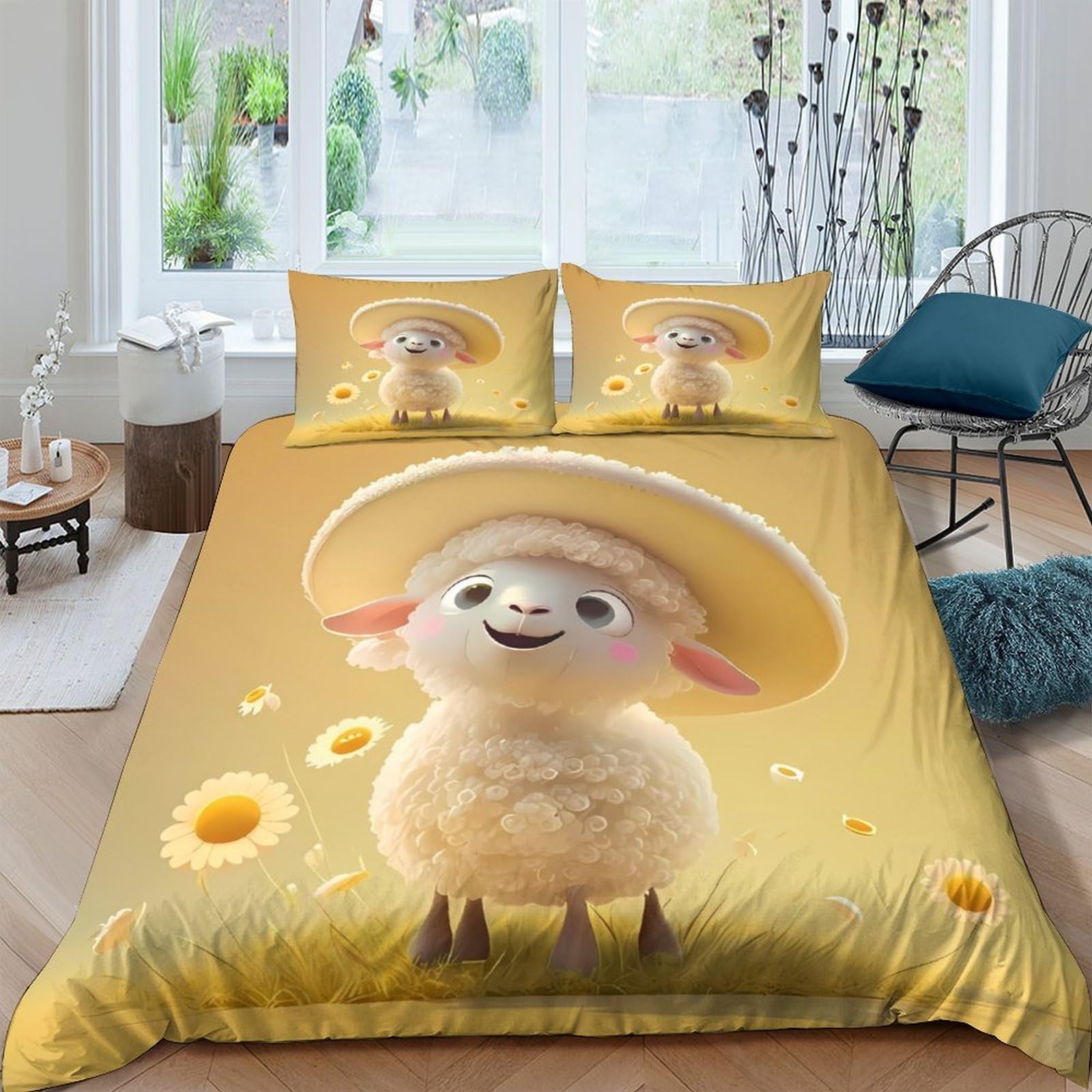 GPLZQXKJNH 3D Printed Cute Sheep Duvet Cover Set Microfiber Soft Breathable Sunflower Quilt Cover with 2 Pillowcases for Bedroom Decor Single（135x200cm）