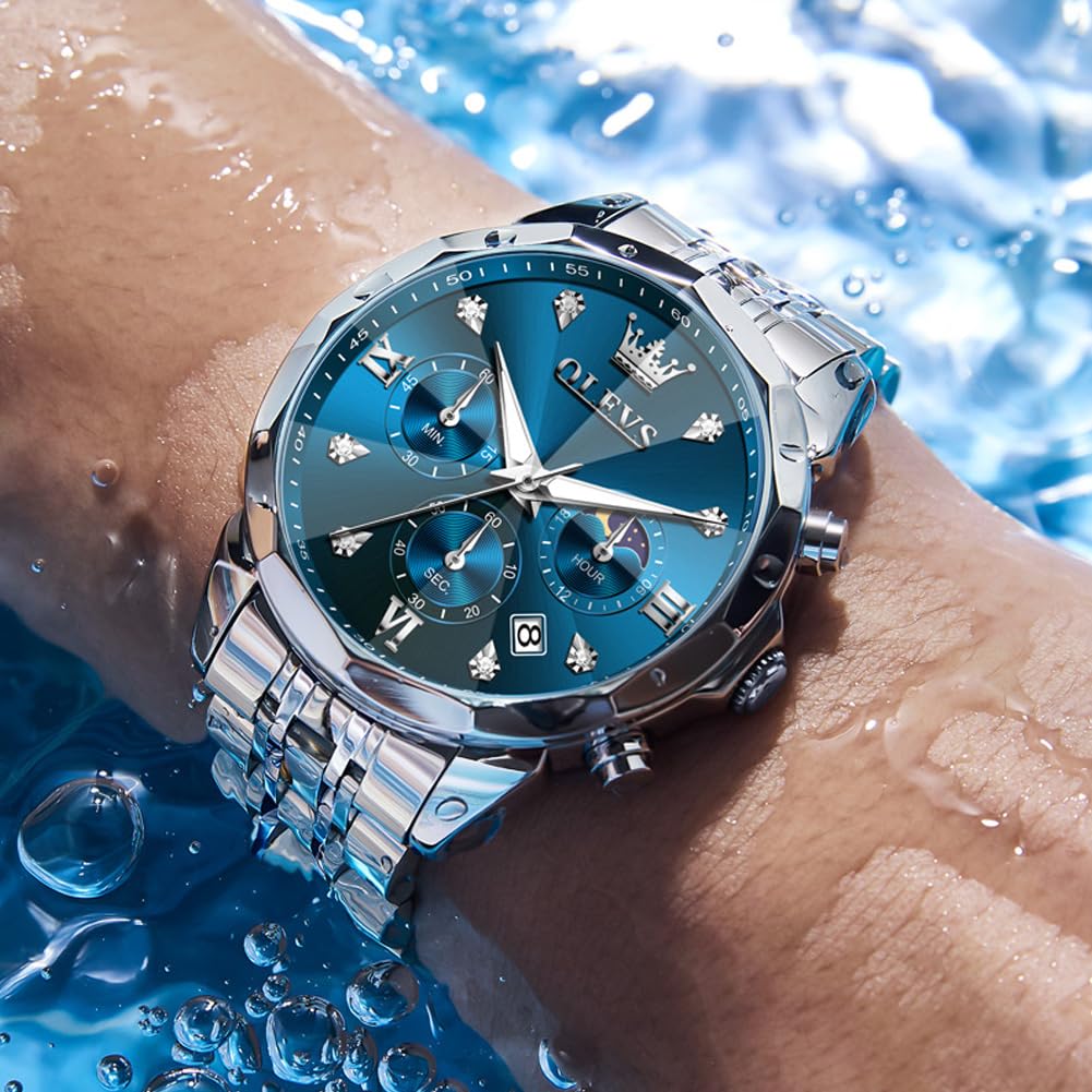 OLEVS Männer Uhr Quarz Luxus Business Uhren Multifunktion Chronograph Mondphase wasserdicht Leuchtend Edelstahl Armbanduhr