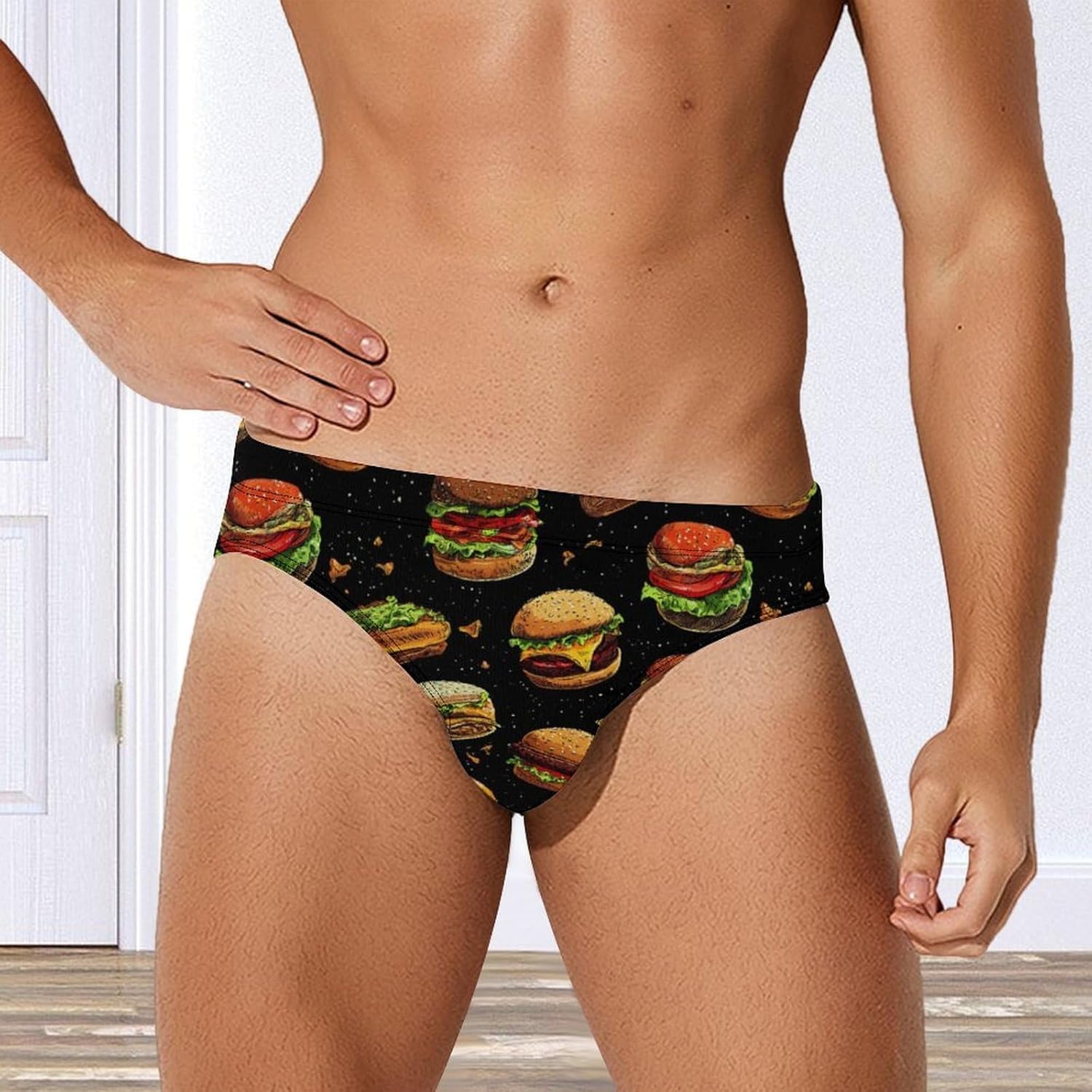 Funny Hamburger Men's Swimsuit Brief Sexy Bikini Briefs Retro Printed Swimwear Quick Dry Swimming Trunks 3X-Large