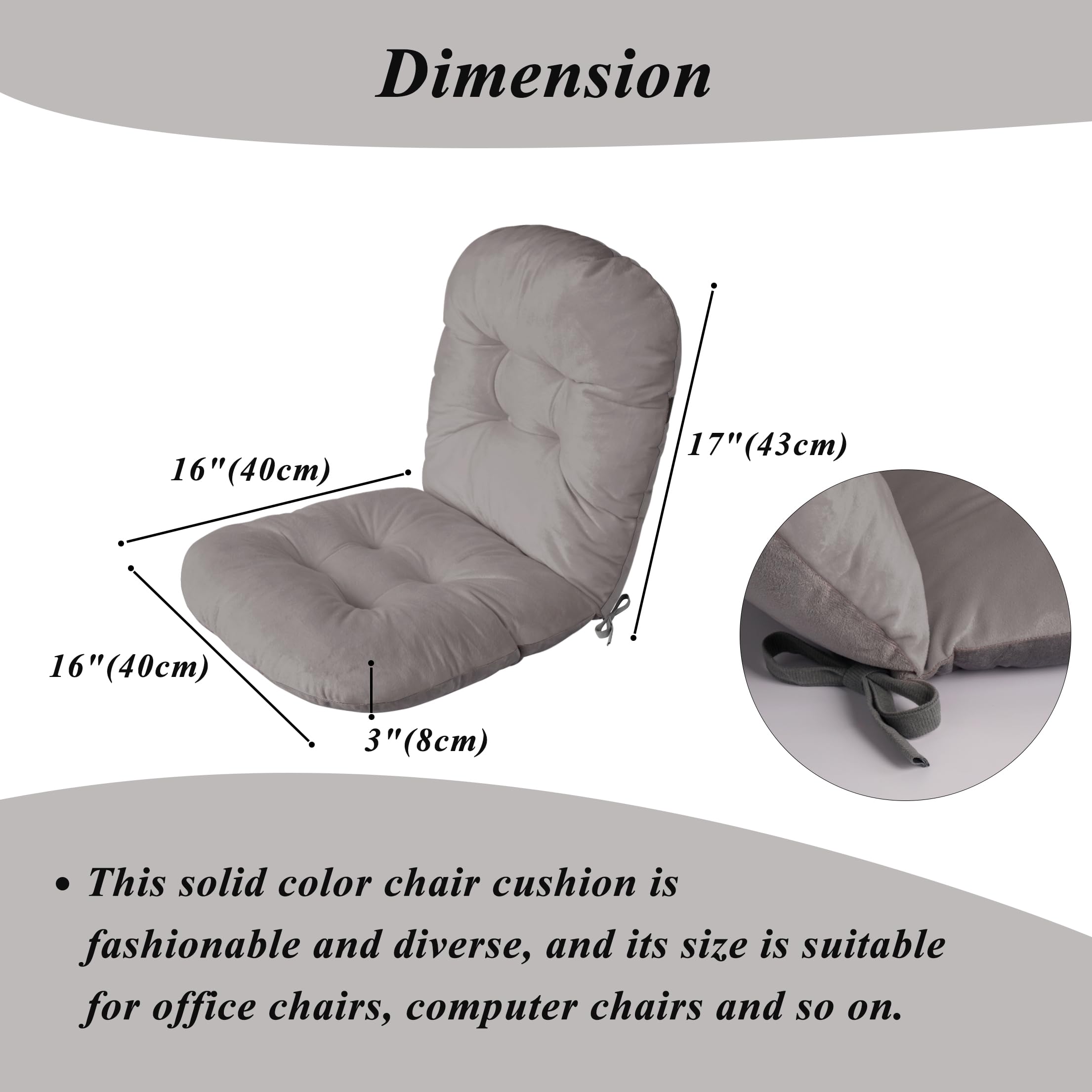 FlyGulls Office Chair Cushion with Back Elastic Belt One-Piece Soft Seat Cushion for Office Plush Anti-Slip Chair Pads with Ties for Dorm Desk Seat 40X40X8 cm (Light Grey) - Image 2