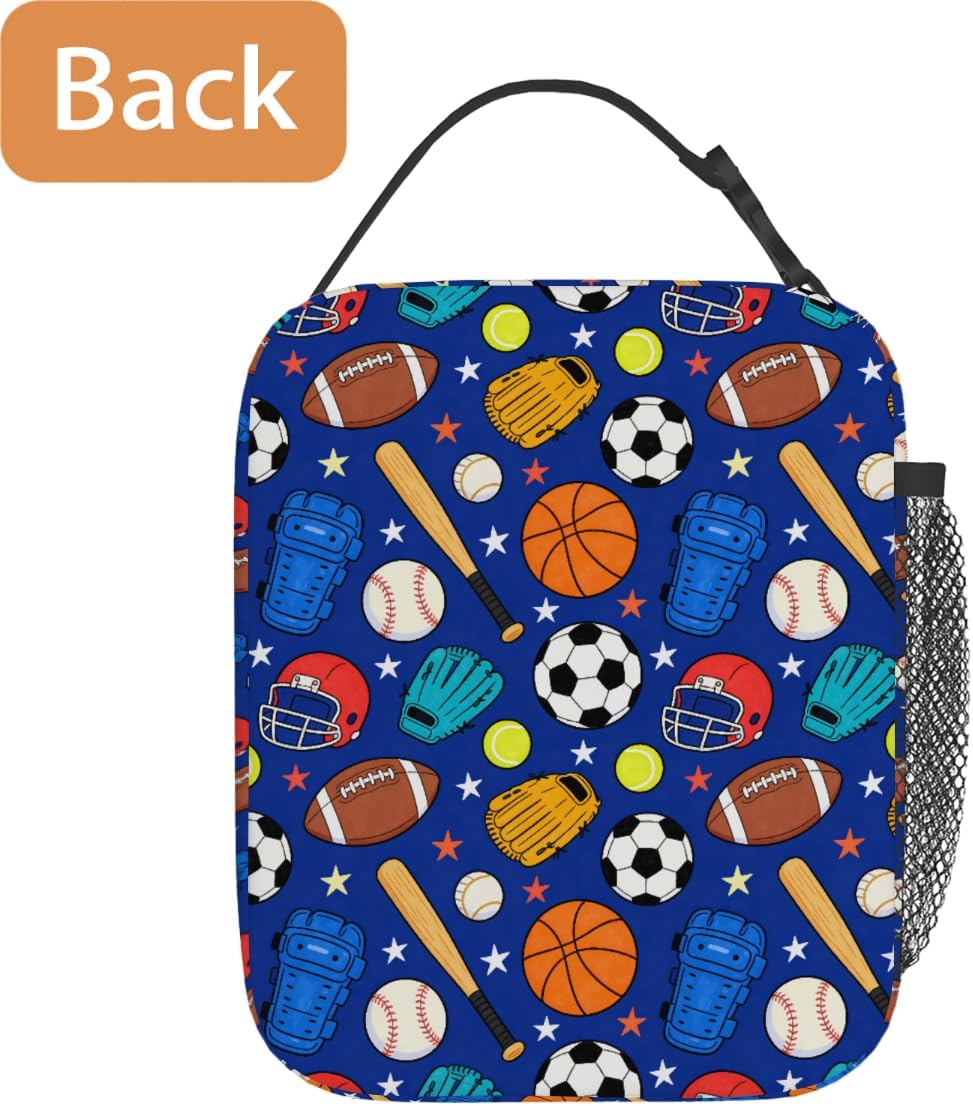 Sports Balls Basebell Football Insulated Kids Lunch Bag for Boys Girls, Reusable Lightweight Lunchbox Thermal Cooler Lunch Tote with Handle Strap for School Travel Picnic Beach