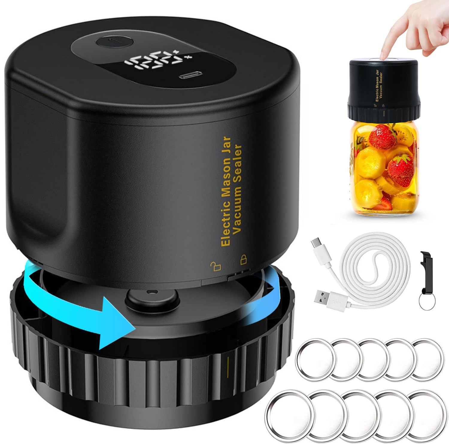 Domigard Macchina Sottovuoto Alimenti Barattolo di Vetro, Elctrtici Mason Jar Vacuum Sealer,10 Coperchi Inclusi, adatto Sigillare Alimenti in Vasetti (Nero)