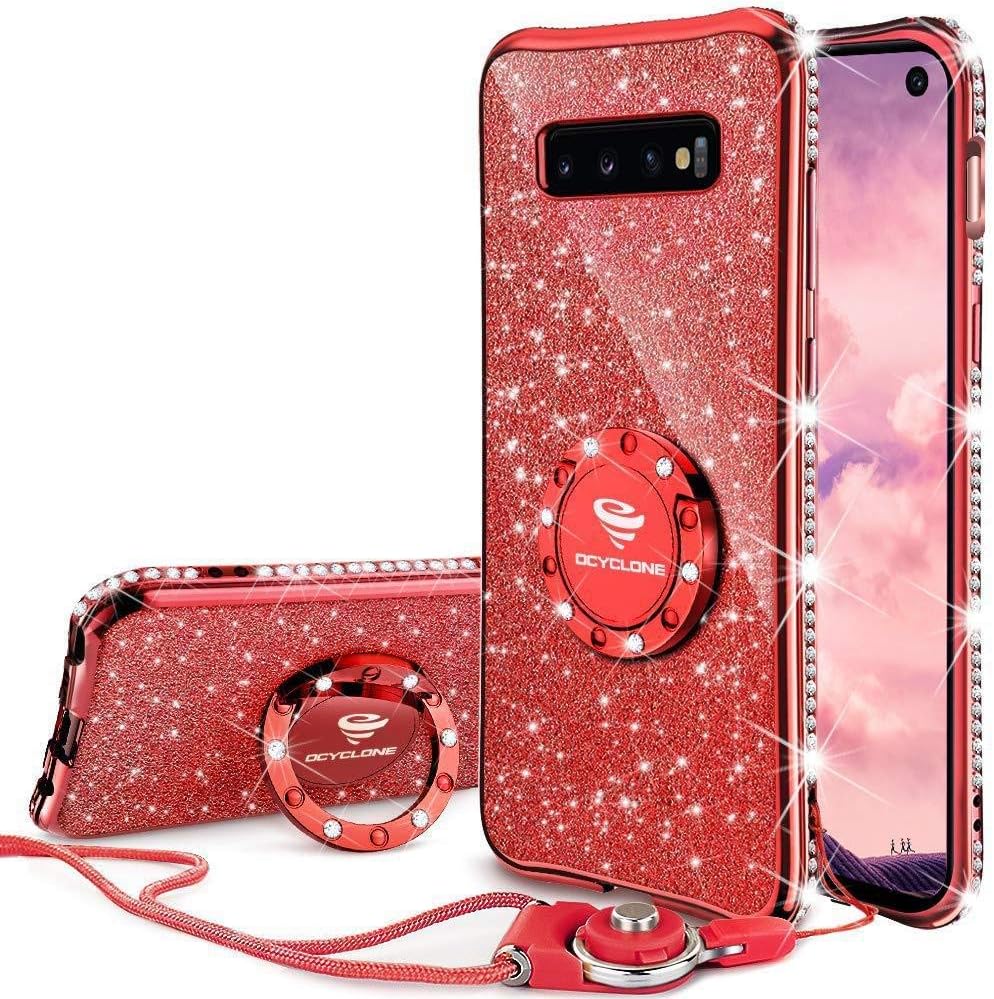 OCYCLONE Galaxy S10e Case, Glitter Luxury Cute Phone Case for Women Girls with Kickstand, Bling Diamond Rhinestone Bumper Ring Stand Compatible with Galaxy S10e Case for Girl Women - Red