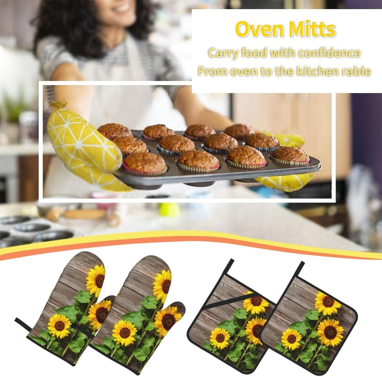 Spring Sunflowers On Board Oven Mitts and Pot Holders Sets of 4 High Heat Resistant Summer Flowers Vintage Oven Mitts with Oven Gloves and Hot Pads Potholders for Kitchen BBQ Non-Slip Cooking Mitts - Image 7
