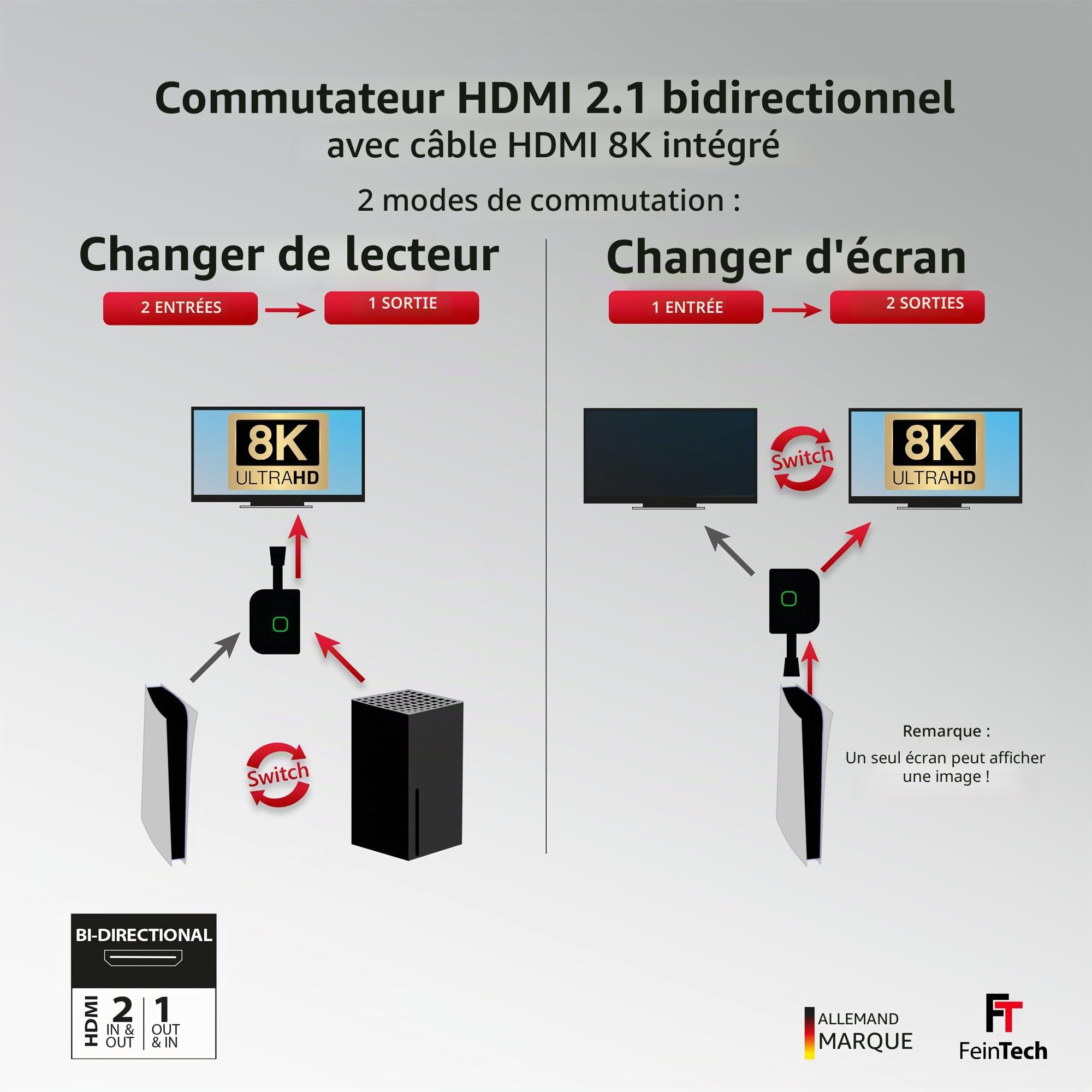FeinTech SW211 HDMI 2.1 Switch 4K 120Hz 2 en 1 Out ou 1 en 2 Out bidirectionnel avec câble HDMI intégré, 8K, 48Gbps, HDMI splitter, prend en charge HDR, VRR, ALLM et Dolby Vision