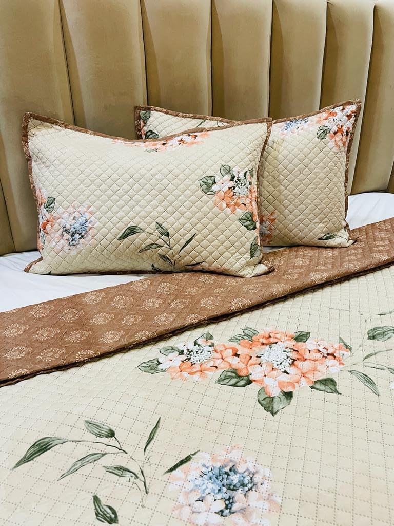 Subtlespreads Premium Cotton Feel Quilted Bedcover for King Size Bed with 2 Pillow Covers - Decorative Bed Cover/Quilted Bedspread Bedsheet, Beige Floral Texture