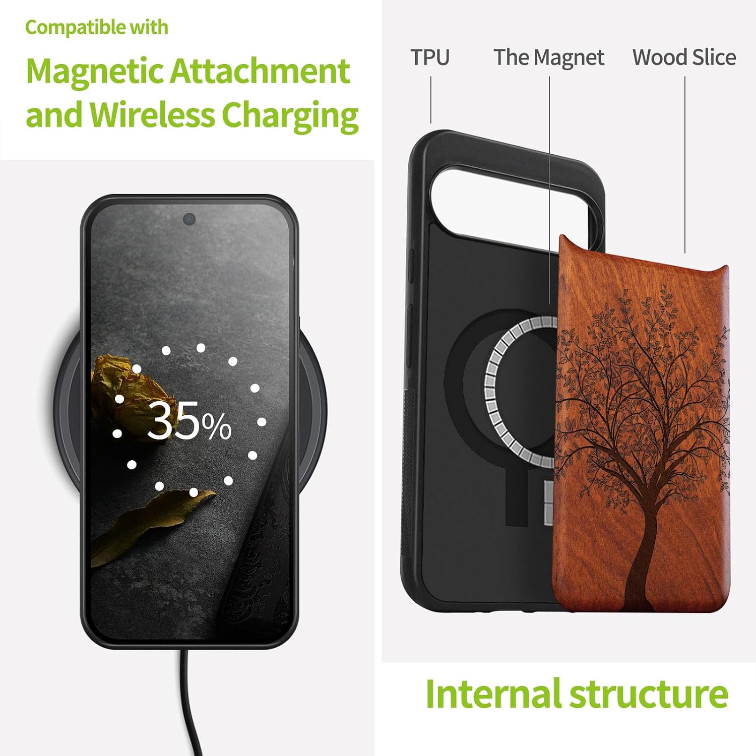 Carveit Magnetic Wooden Case for Google Pixel 9 Pro XL Case, Wood Artisan Engraved & Soft TPU Shockproof Cover, Compatible with MagSafe Wireless Chargers (Leafy Tree) Rosy