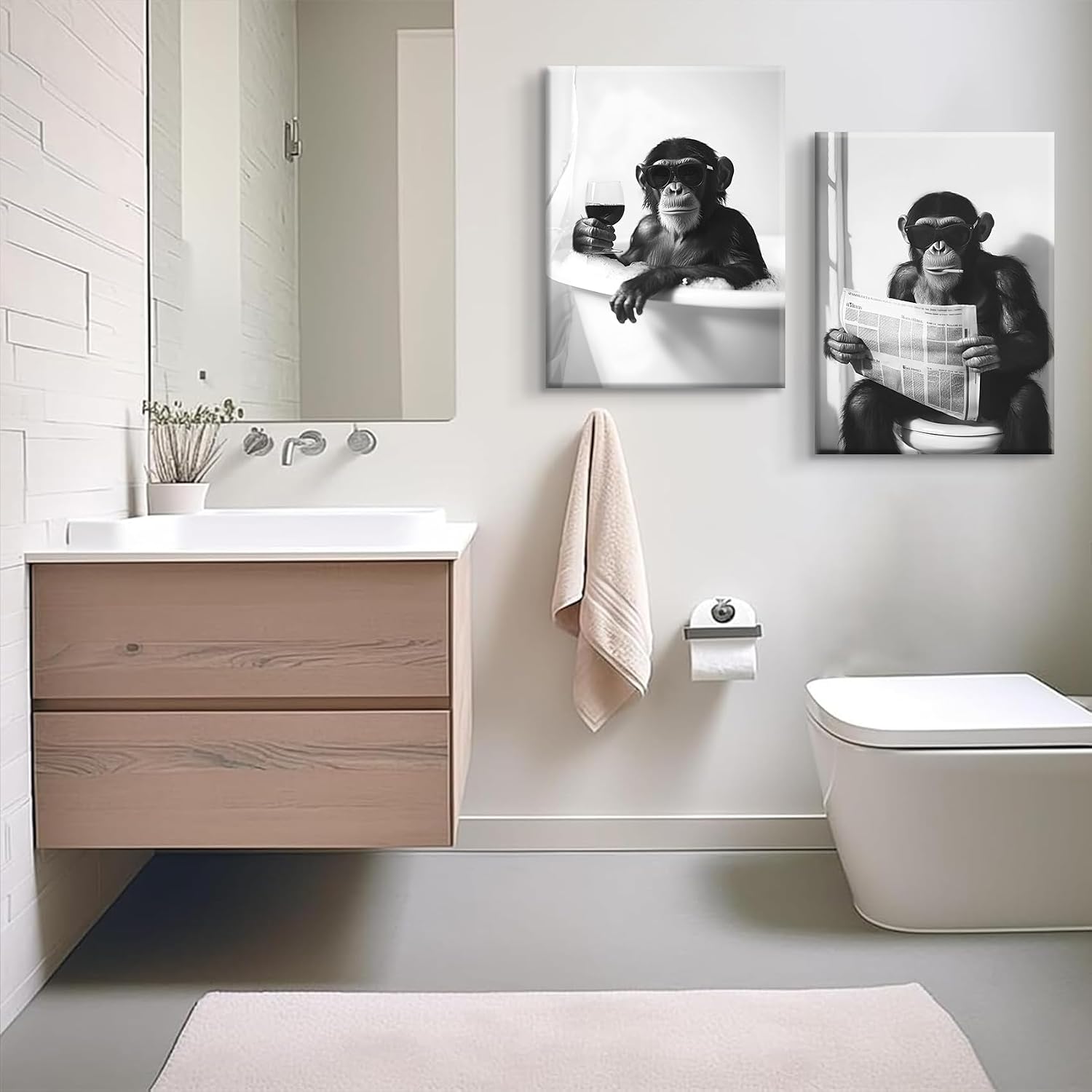 2Pcs Funny Monkey Bathroom Wall Art Chimpanzee in Bathtub Wall Decor Black and White Animals Toilet Canvas Prints Masculine Bathroom Pictures Posters Painting for Restroom 12x16in Ready to Hang