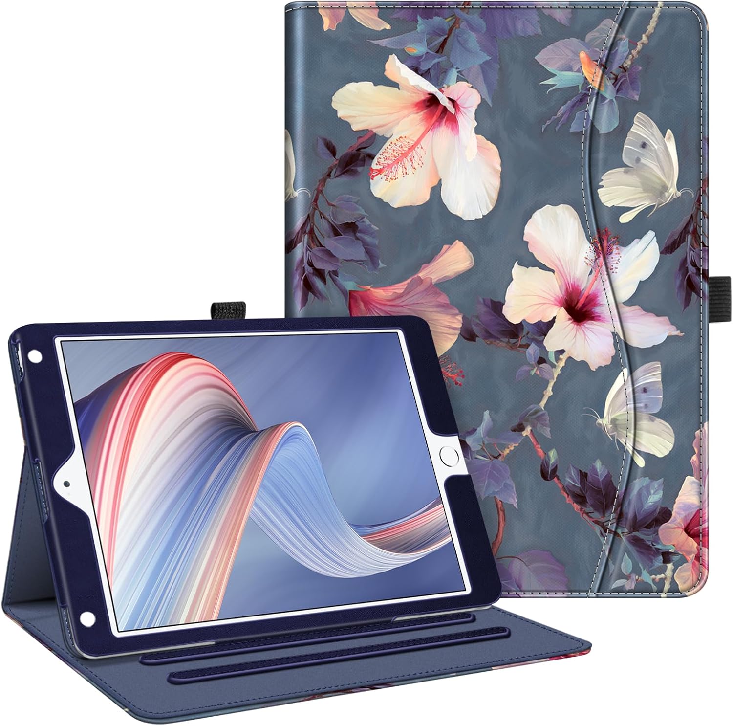 Fintie Folio Case for iPad 6th / 5th Generation 9.7-inch, iPad Air 2 /Air 1 | Multi-Angle Viewing Stand Cover, Pencil Holder & Storage Pocket, Corner Protection, Auto Wake/Sleep, Blooming Hibiscus