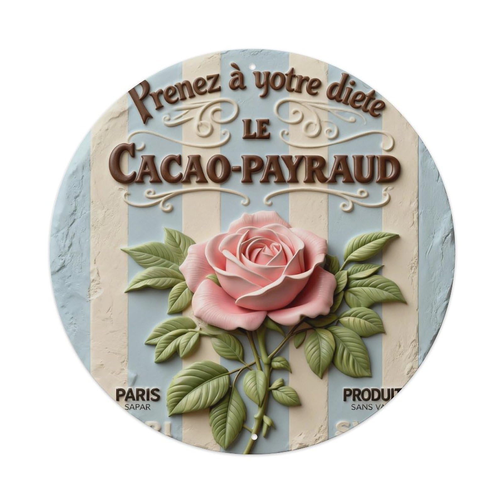 Striped Background Rose Flower Green Leaves Text Label Round Metal Tin Sign Vintage Wall Decor, Bar Garage Cafe Kitchen Home Wall Art Poster 8x8inches