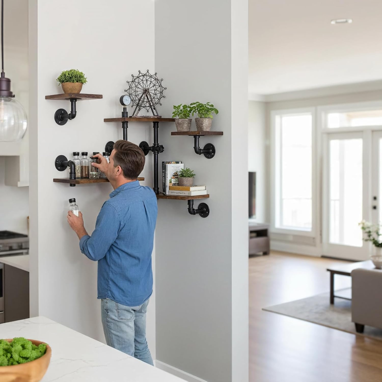 Industrial Rustic Modern Wood Ladder Pipe Wall Mounted Floating Shelves - Set of 3 Bookshelf,DIY Storage Shelving,Hung Bracket,Bookcase (Set of 3 Ladder Shelves) - Image 7