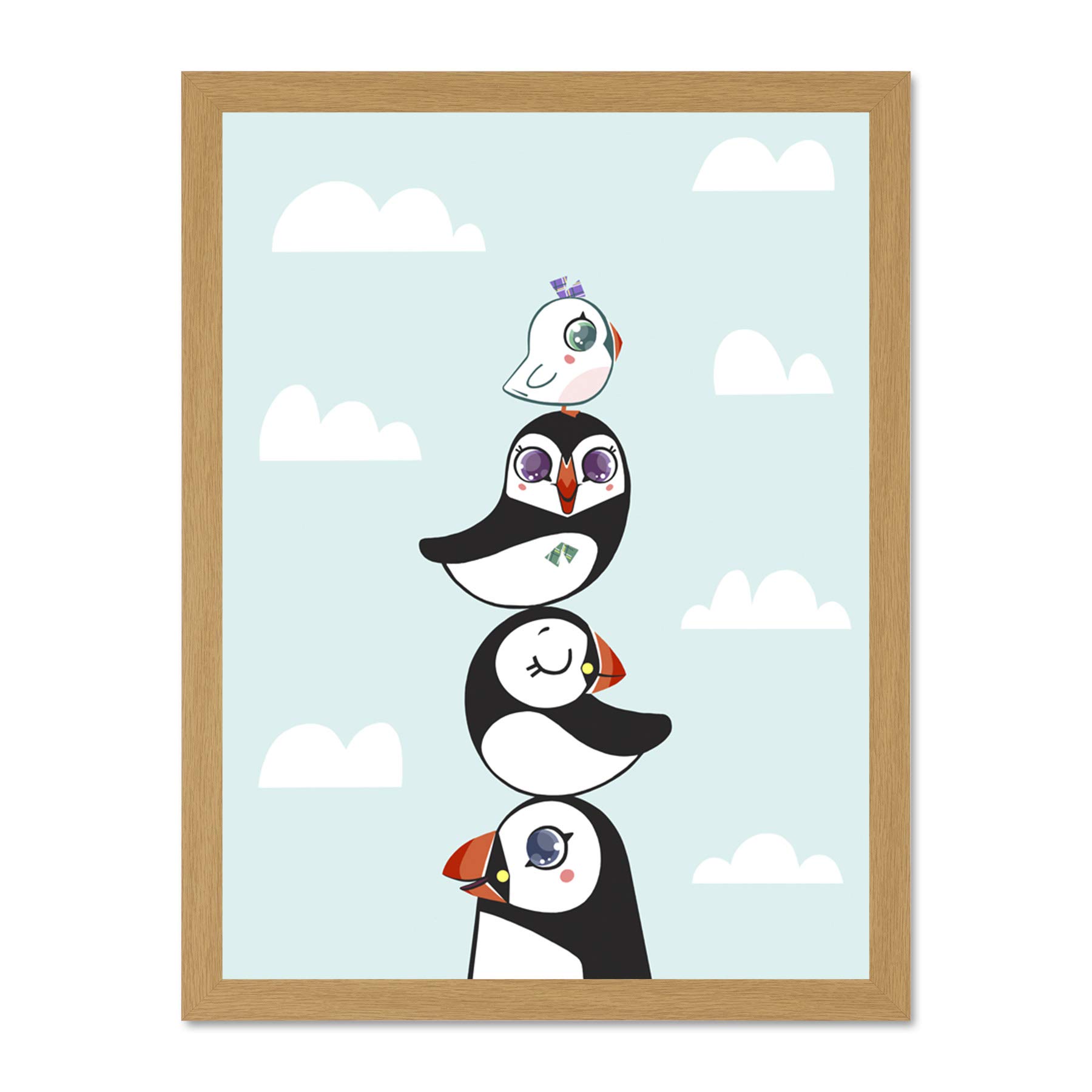 Wee Blue Coo Puffins Family Stacked Large Framed Art Print Wall Poster 18x24 inch