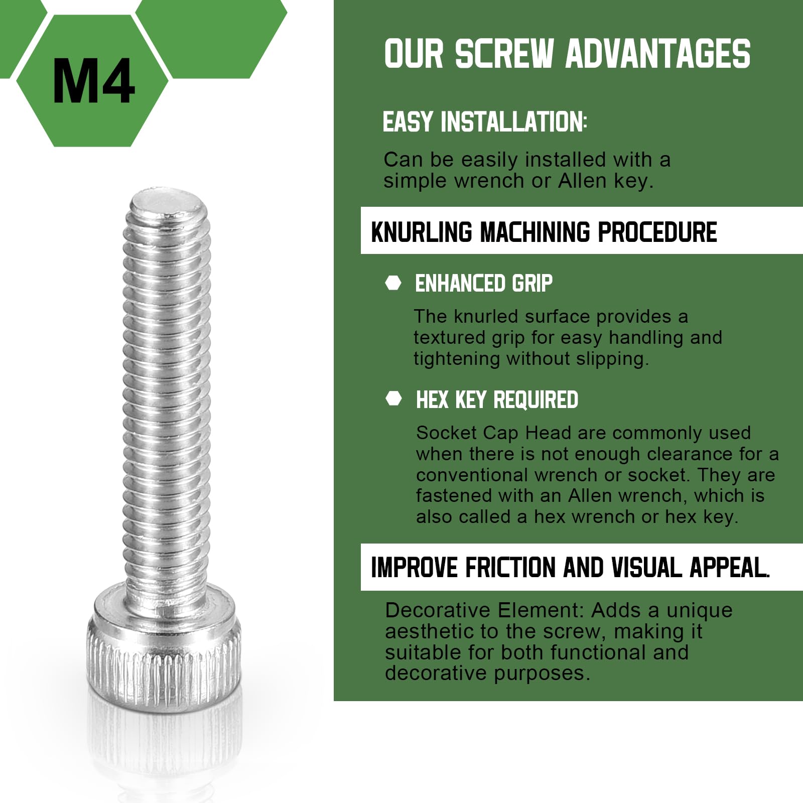 uxcell Hex Socket Bolts (M4-0.7x20), 304 Stainless Steel Hex Socket Drive Screw, Silver Tone, 100 Pcs, M4-0.7x20mm - Image 3